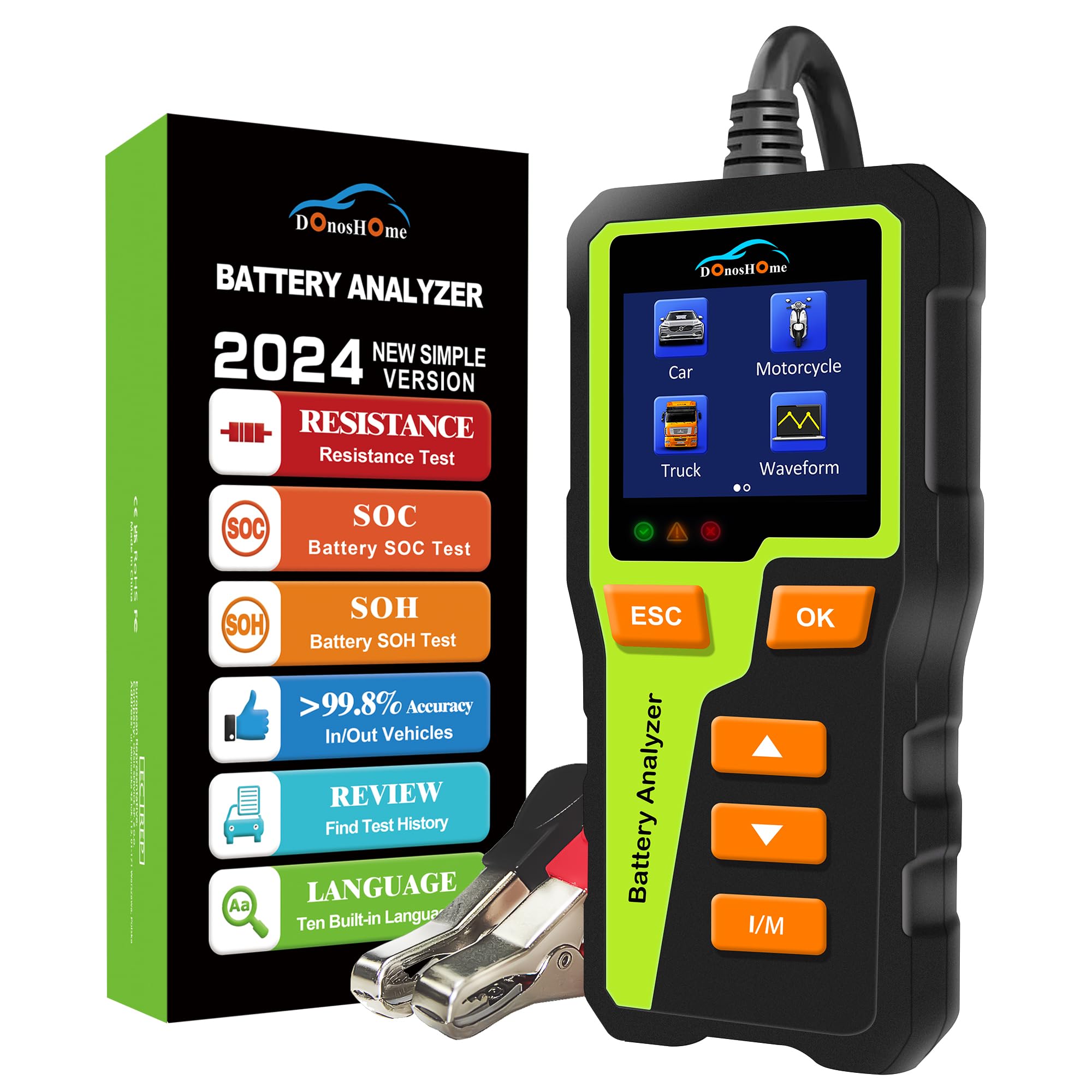 خرید از آمازون - DonosHome Battery Tester Car 12V 100-2000 CCA Battery Tester Tester آلمانی تست باتری ماشین دیجیتال برای کامیون موتور سیکلت اتومبیل ATV SUV قایق، با 10 زبان