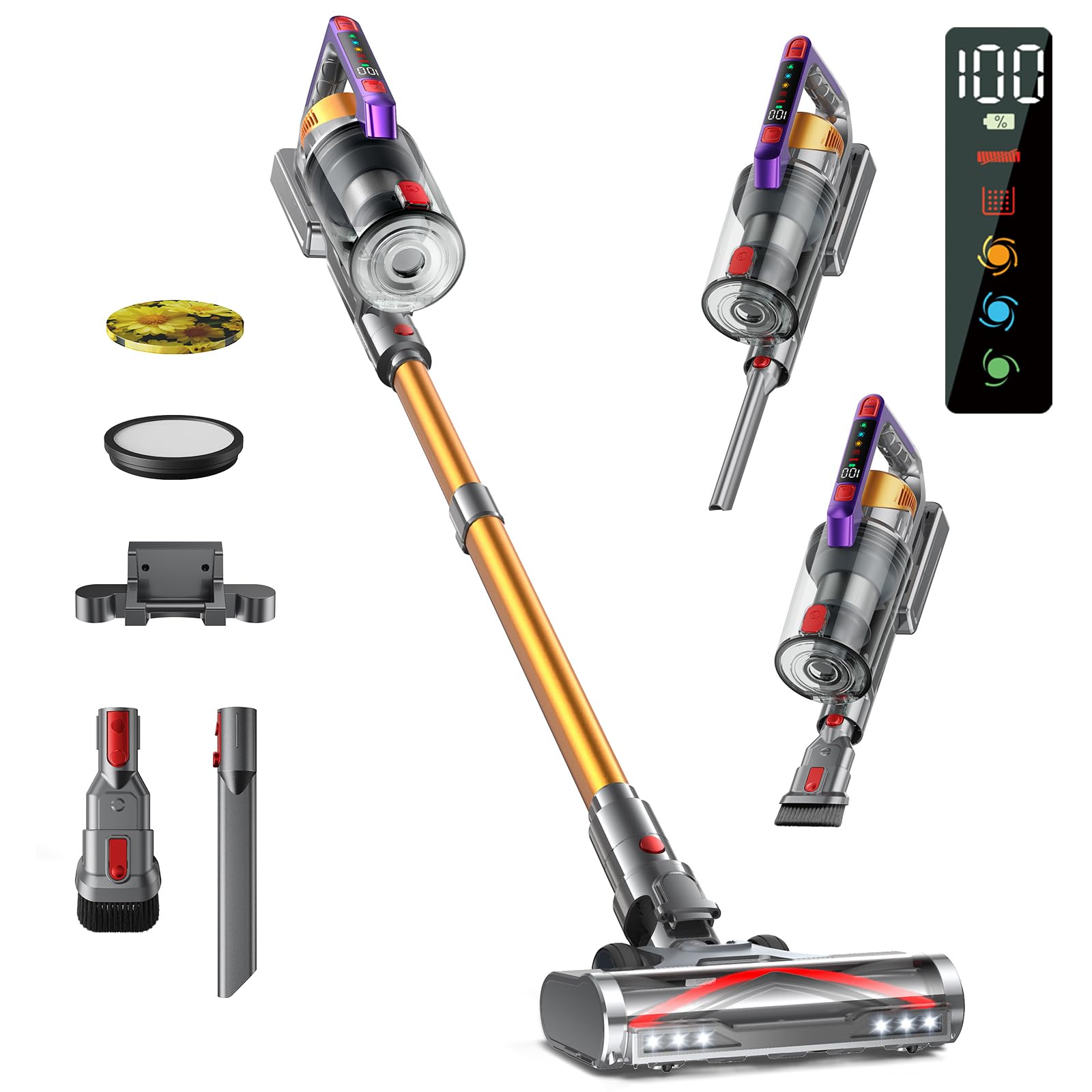 جارو شارژی Kissof، 45000Pa/550W/65 دقیقه جاروبرقی بی سیم با عملکرد خودایستاد، برس کف ضد گره خوردگی، کارت بو، سیستم فیلتر Hypa بسیار کارآمد برای کف های سخت، فرش، موی حیوانات
