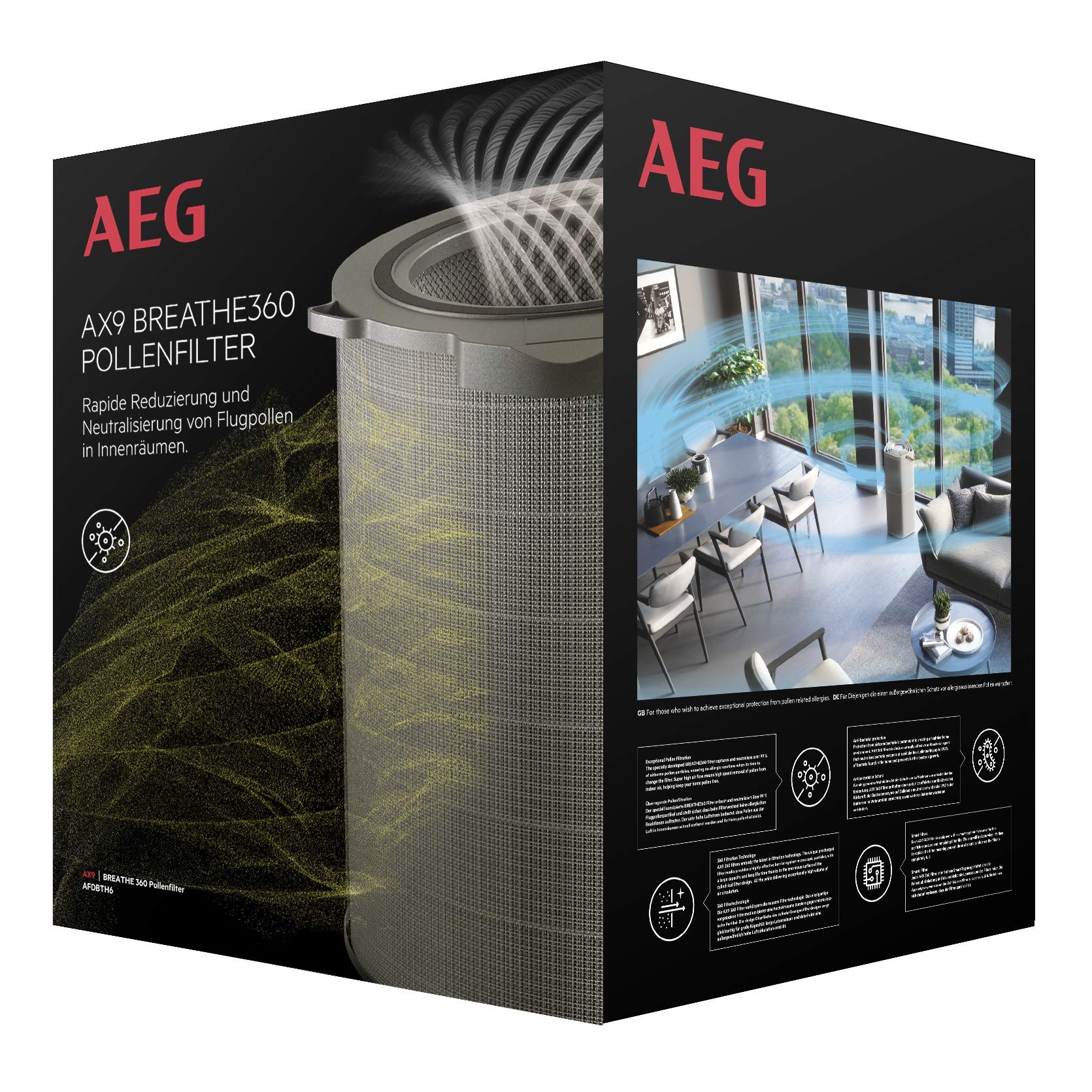 فیلتر AEG AFDBTH6 مدل BREATHE360 (مناسب برای تصفیه کننده هوای AX91-604DG و AX91-604GY، کاهش ۹۹٪ گرده و ۹۹.۹٪ باکتری، هوای پاک، فیلتراسیون بهینه، طول عمر بالا، خاکستری)