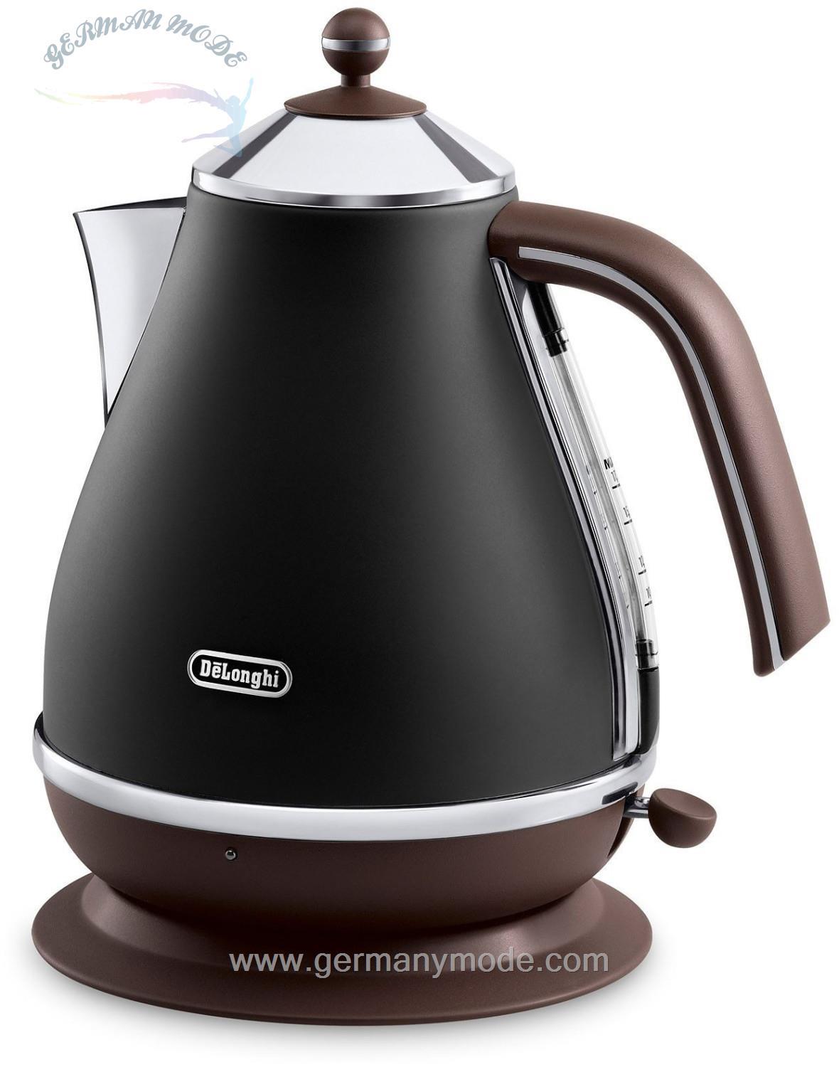 کتری برقی دلونگی ایتالیا DeLonghi Icona Vintage KBOV2001.BK - 1.7 لیتر با نشانگر سطح آب و پایه 360 درجه، استیل ضد زنگ در ظاهری زیبا با جزئیات کروم، سیاه و سفید مشکی