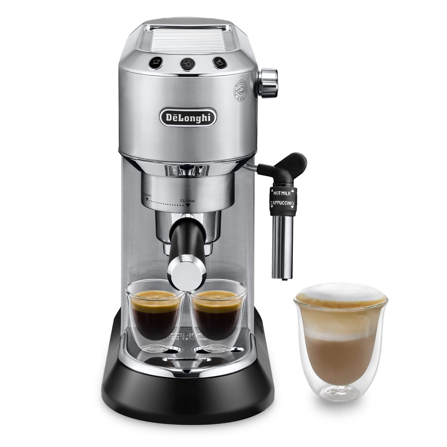 خرید از آمازون - De'Longhi Dedica Style EC 685.M - دستگاه پورتافیلتر اسپرسو، دستگاه اسپرسوساز با کف کن حرفه ای شیر، عرض تنها 15 سانتی متر، مخصوص پودر قهوه یا پدهای ESE، مخزن آب 1 لیتری، نقره ای