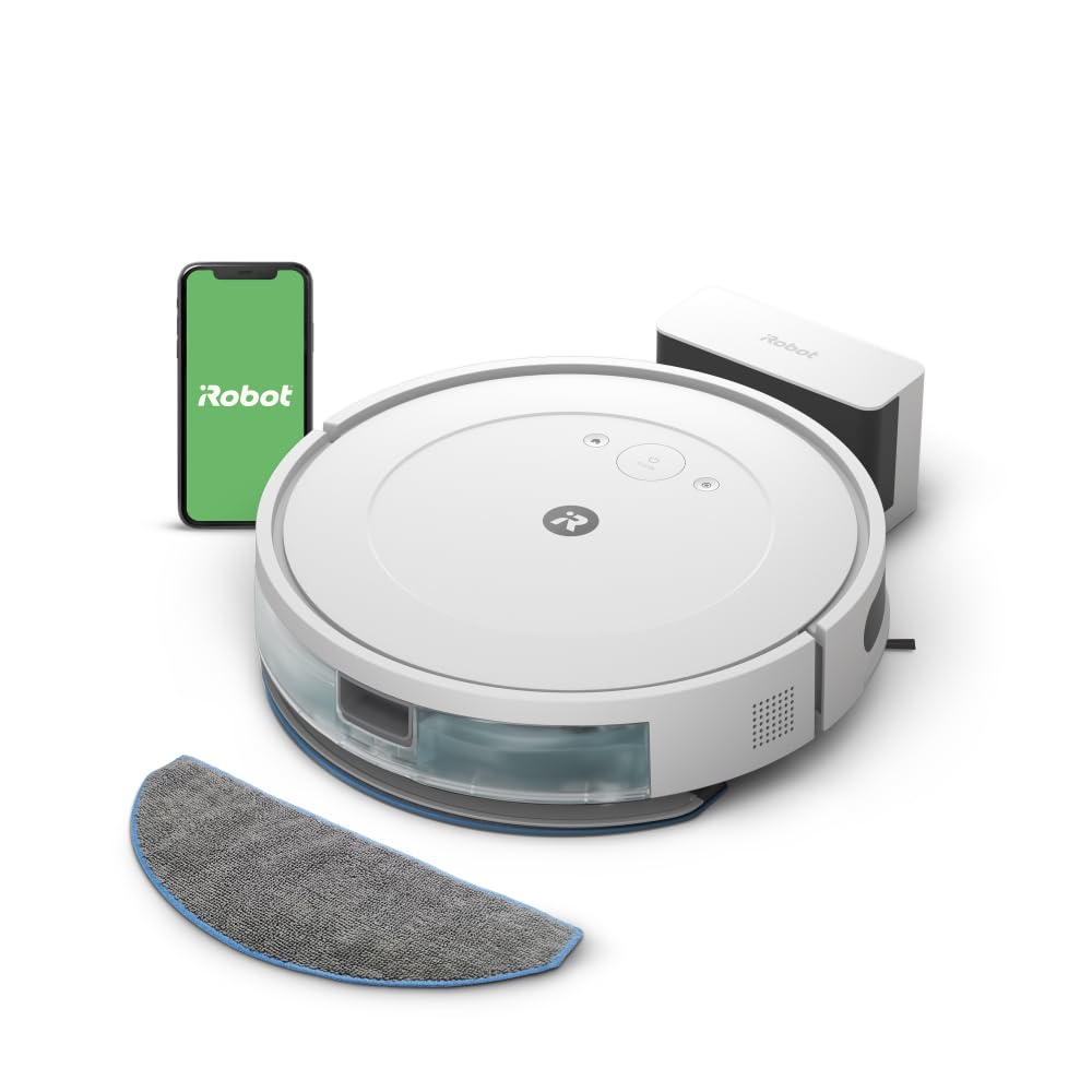 جارو رباتیک آی ربات آمریکا iRobot Roomba Combo Essential ربات جاروبرقی و جاروبرقی (Y0112)، جاروبرقی قدرتمند، سیستم تمیز کردن 4 مرحله ای، 3 سطح مکش، تمیز کردن نقطه ای، قابل کنترل از طریق برنامه، دکمه ها یا صدا، سفید