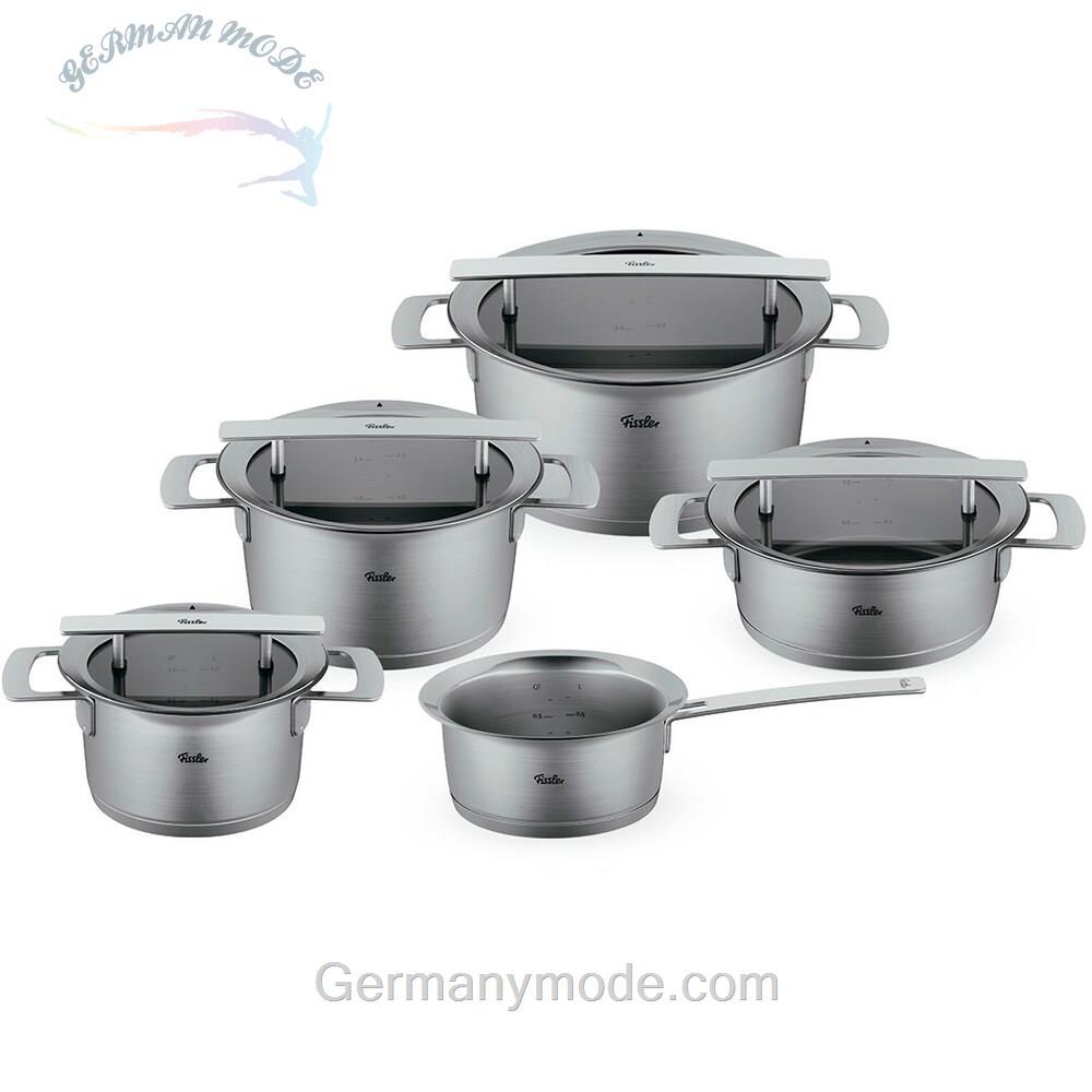 سرویس قابلمه 5 پارچه فیسلر آلمان Fissler Phi Collection Topfset 5-tlg / ست قابلمه 5 تکه استیل ضد زنگ با درب شیشه ای (3 قابلمه، 1 دیگ خورش، 1 قابلمه) - القایی ساخت آلمان