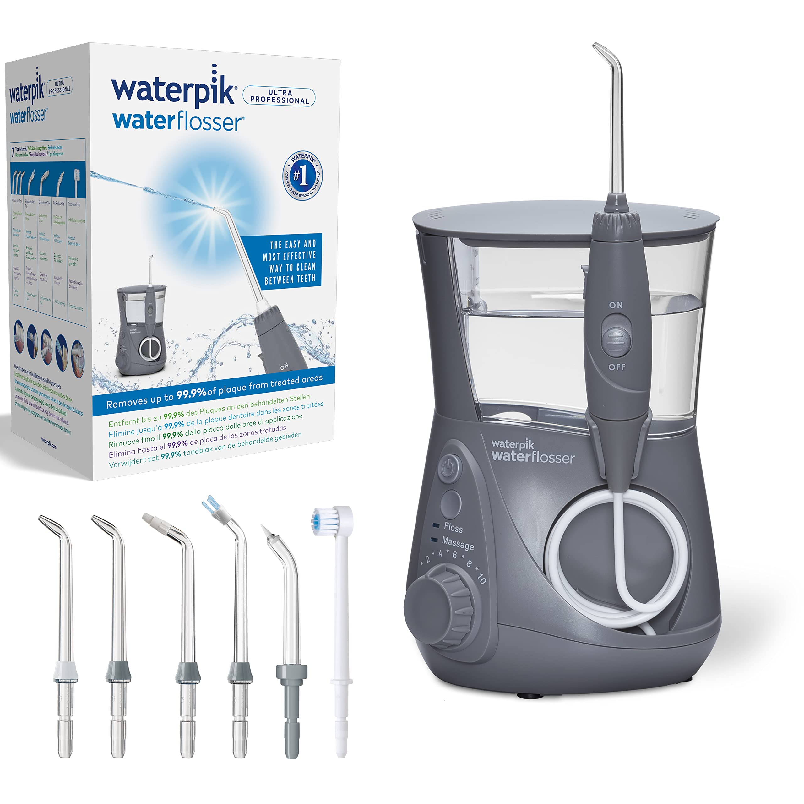 خرید از آمازون - آبیاری دهانی ثابت Waterpik Ultra Professional Waterflosser با 7 پیوست، محدوده فشار 0.7-7 بار قابل تنظیم از طریق 10 تنظیم فشار، تایمر یکپارچه، خاکستری (WP-667EU) | 1 بسته