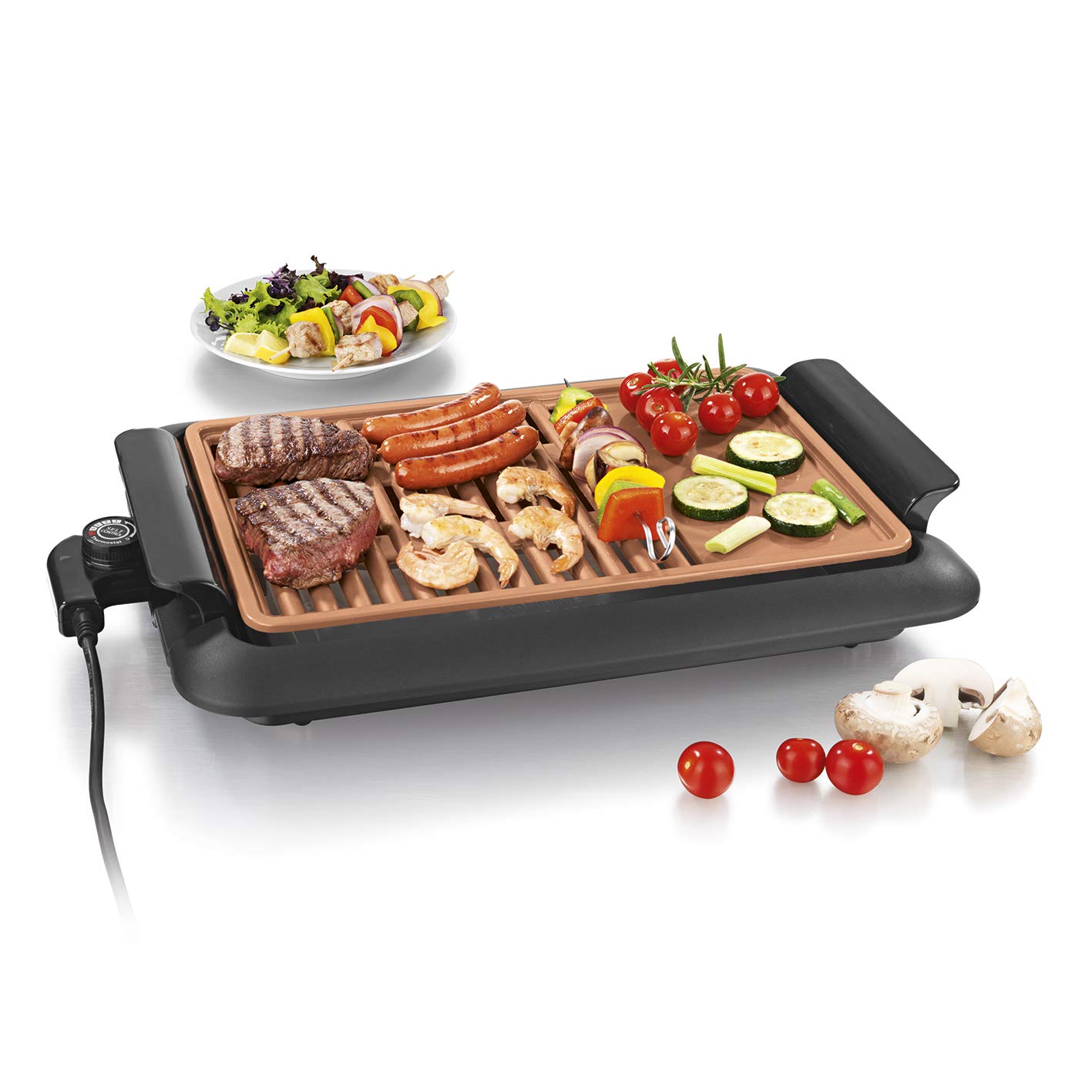 گریل رومیزی برقی گورمت‌ مکس آلمان GOURMETmaxx | گریل برقی بدون دود ۱۲۵۰ وات | صفحه گریل با ۲ سطح گریل و روکش نچسب برای تمیز کردن آسان | گریل باربیکیو با تنظیم دمای بی‌نهایت متغیر ۱۲۵۰ وات