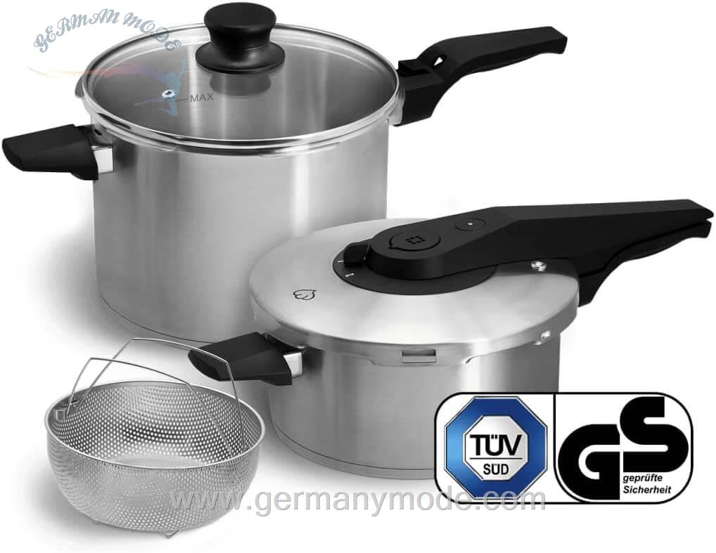 ست زودپز و بخار پز اسپرینگلن آلمان Springlane Edelstahl Schnellkochtopf 2er-Set inkl. Dampfgarer und Glasdeckel