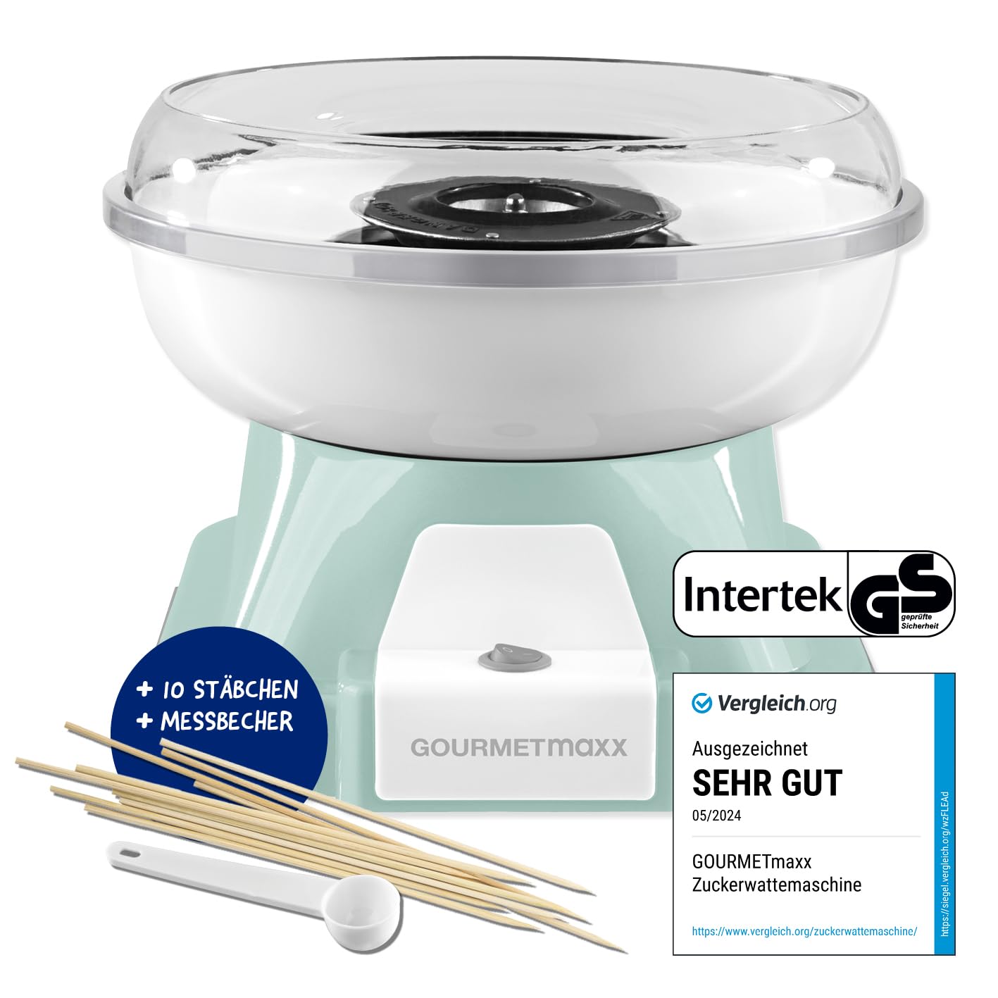 دستگاه پشمک ساز خانگی گورمت‌ مکس آلمان GOURMETmaxx | مدل اصلی با 10 چوب و یک قاشق پیمانه در طرحی نوستالژیک و قدیمی به رنگ نعناع | پشمک با بالاترین کیفیت برای هر مناسبتی [نعناع]