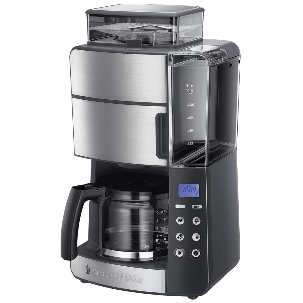 خرید از آمازون - Russell Hobbs Kaffeemaschine mit Mahlwerk Glaskanne [Digitaler Timer, Brausekopf für opt. Extraktion & Aroma] Grind&Brew (max 10 Tassen, 3-stufige Mahlgradeinstellung) Filterkaffeemaschine 25610-56