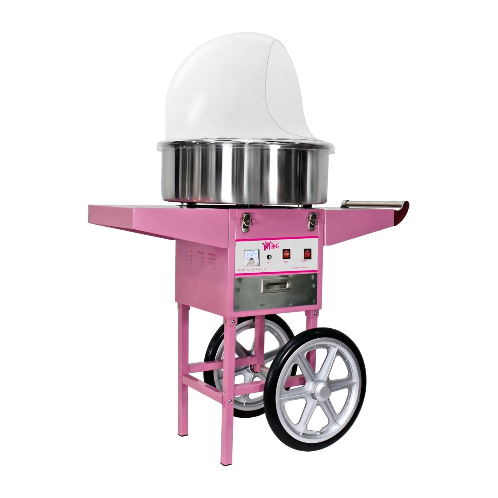 دستگاه پشمک ساز حرفه ای Royal Catering با چرخ دستی، قفسه، کشو و محافظ عطسه، صفحه نمایش LCD استیل ضد زنگ 52 سانتی متری 1200 وات به رنگ صورتی چشمگیر