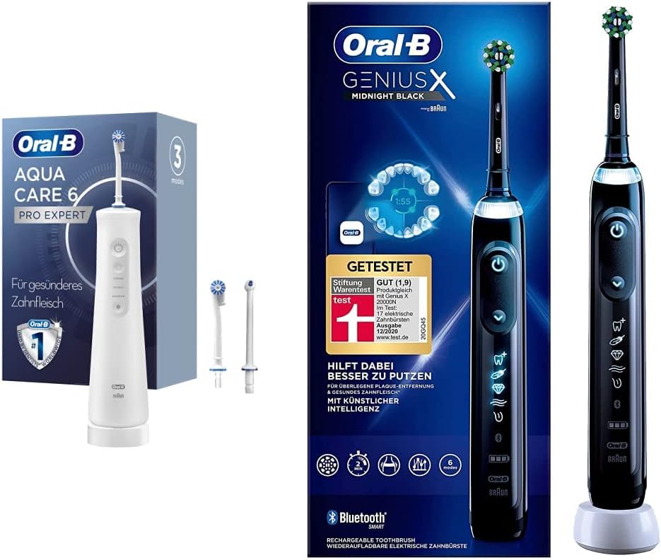 واتر جت و مسواک برقی اورال بی آمریکا شست و شوی دهان بی سیم Oral-B AquaCare 6، 3 نازل جایگزین، مسواک برقی سفید/خاکستری و Genius X/مسواک برقی، 6 حالت مسواک زدن برای مراقبت از دندان، هوش مصنوعی و برنامه بلوتوث، مشکی