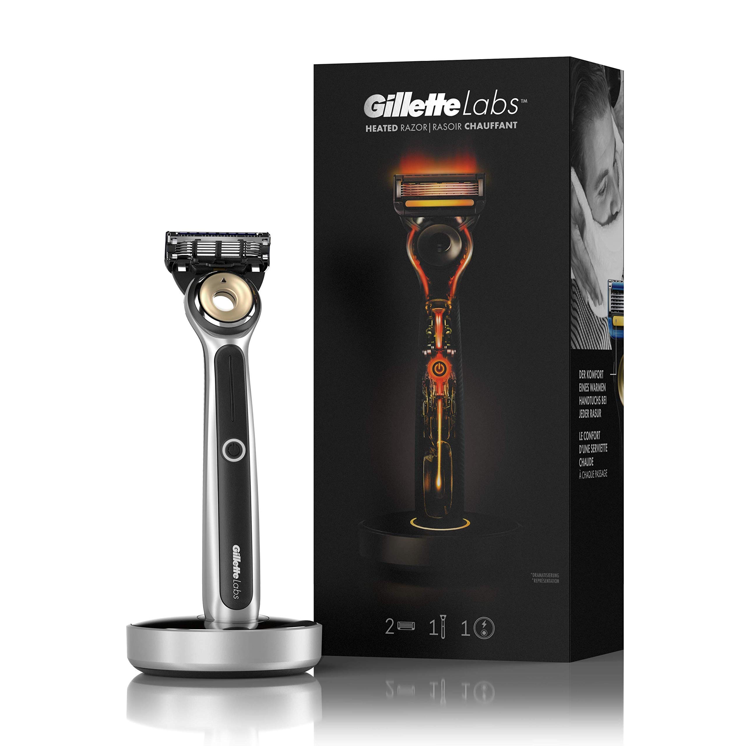 خرید از آمازون - تیغ گرمکن مردانه ضدآب GilletteLabs + 2 تیغ + پایه مغناطیسی شارژی، ایده جعبه هدیه مردانه [رسمی] نقره ای و طلایی