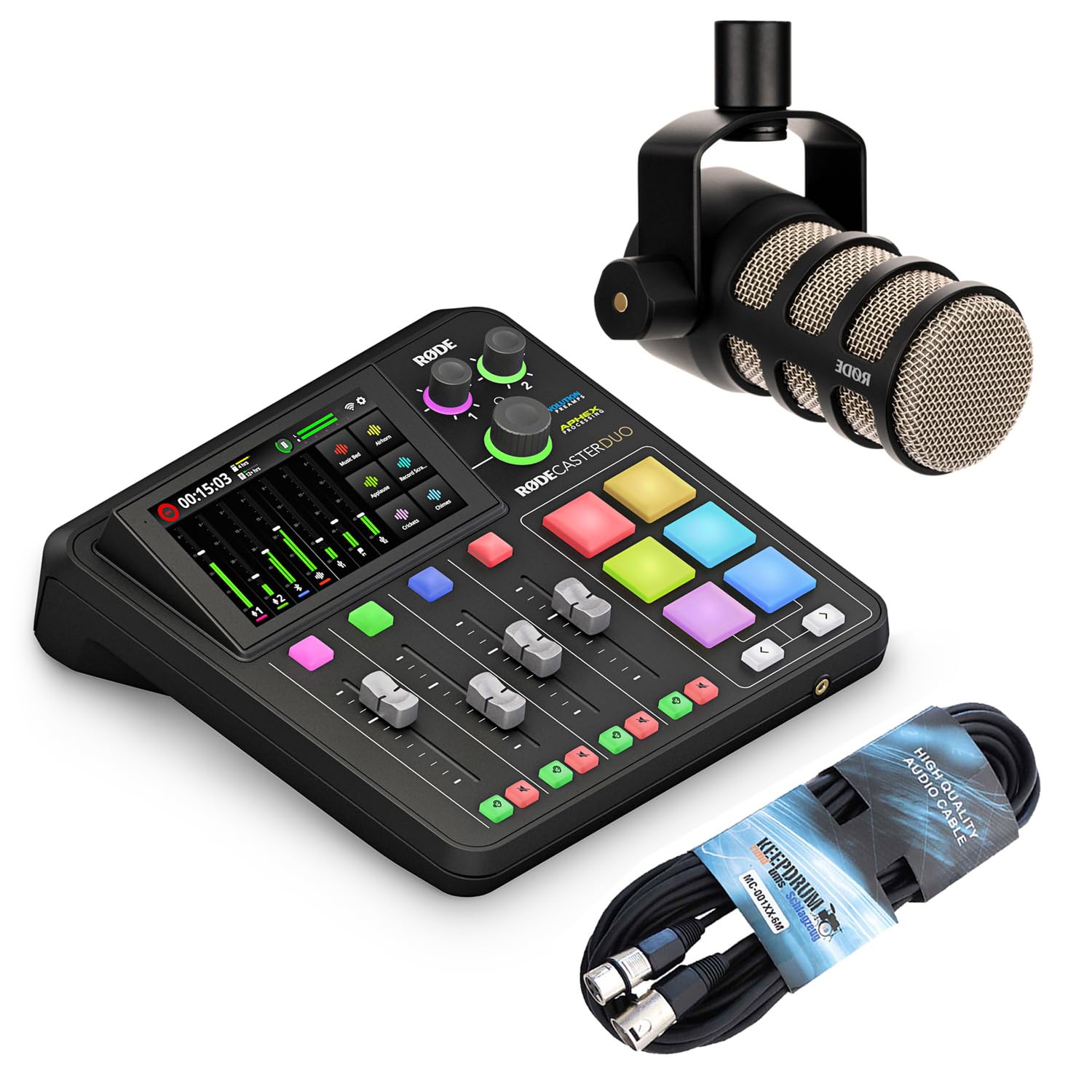 خرید از آمازون - استودیوی تولید صوتی Rode Rodecaster Duo برای پادکست، استریم، تولید محتوا + میکروفون پادمیک + کابل Kedrum XLR
