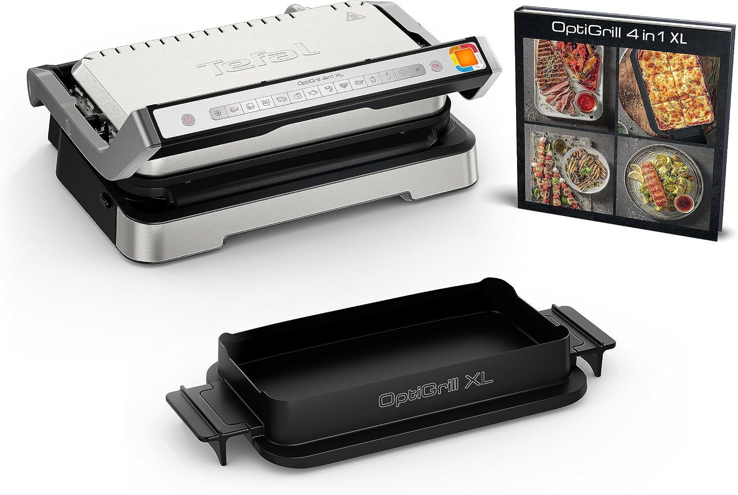 گریل باربیکیو تفال فرانسه OptiGrill 4in1 XL با سینی پخت، تاشو، گریل رومیزی، 12 برنامه، نمایشگر سطح پخت، گریل برقی، فر، GC784D10، نقره ای