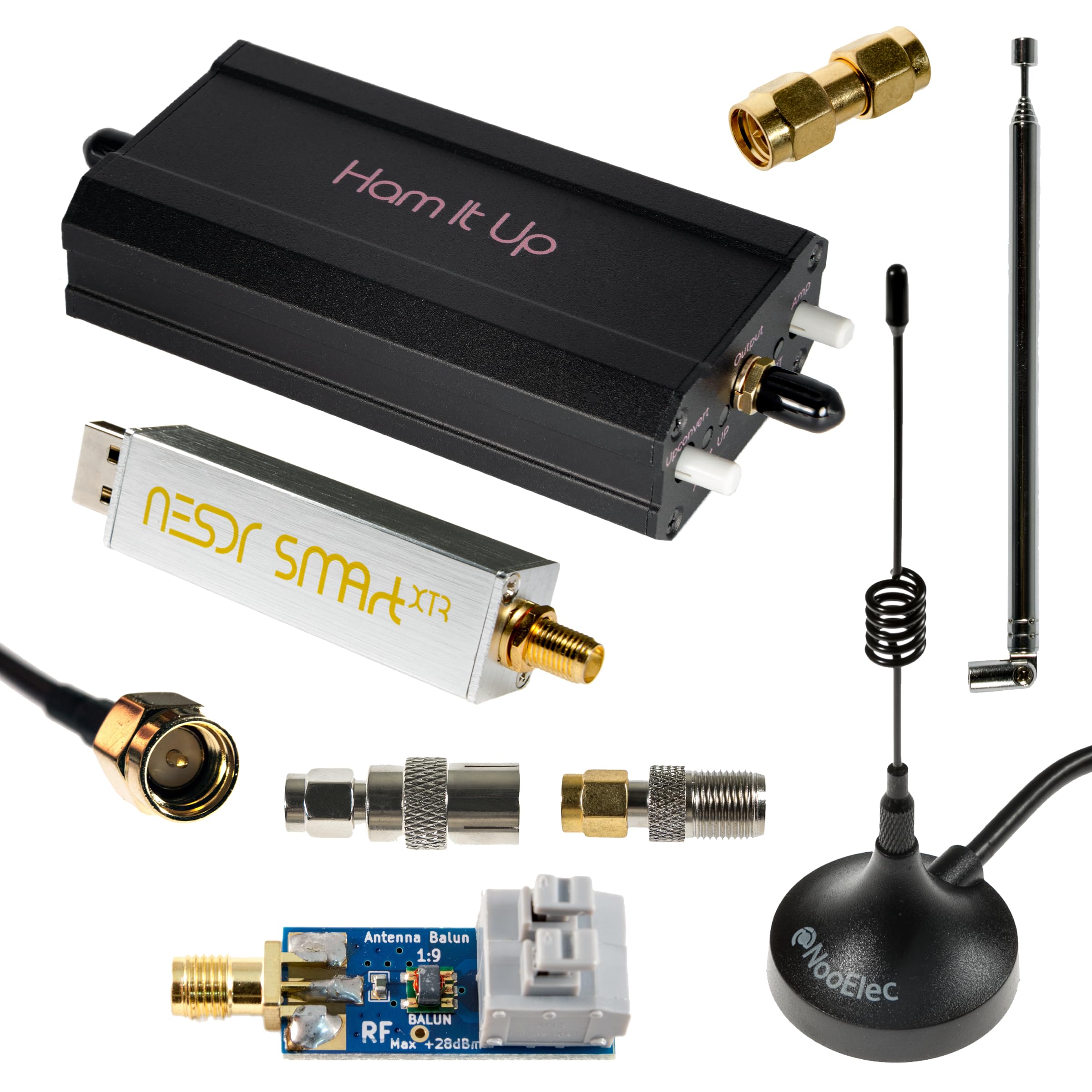 بسته NESDR SMARt XTR HF: رادیو 300Hz-2.3GHz تعریف شده توسط نرم افزار برای LF/HF/UHF/VHF. شامل SMart XTR RTL-SDR، مبدل آپدیت Ham It Up Plus v2 مونتاژ شده، 3 آنتن، balun و آداپتور