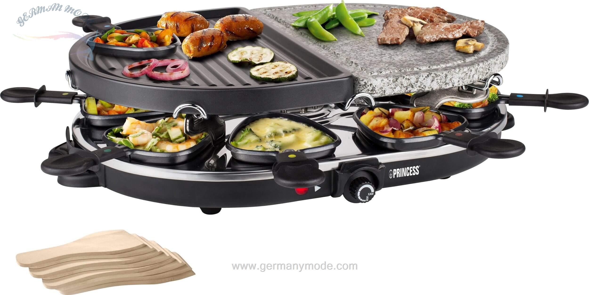 گریل باربیکیو پرینسس هلند PRINCESS Raclette 8 Oval Stone- 162710- 8 Raclettepfännchen- 1200 W