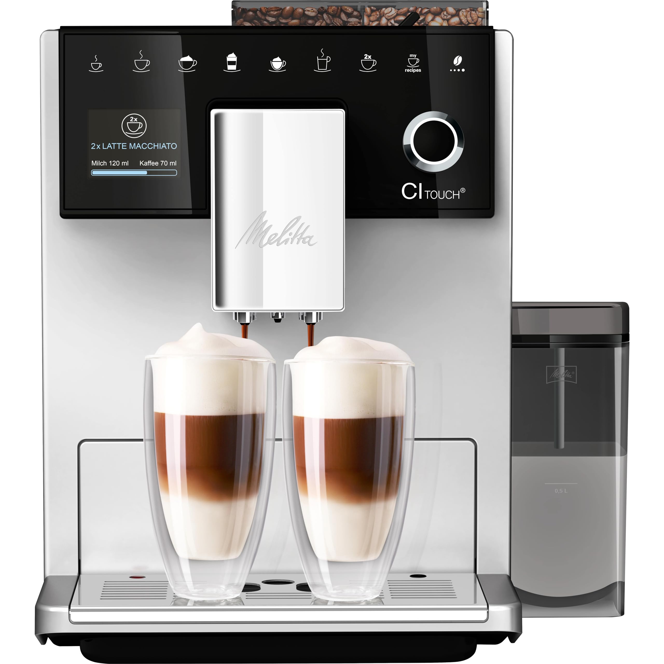 Melitta CI Touch - دستگاه قهوه کاملاً اتوماتیک با سیستم شیر، دستگاه قهوه با آسیاب قهوه یکپارچه و کف ساز شیر، به عنوان مثال برای اسپرسو یا کاپوچینو، سیلور فیس لیفت