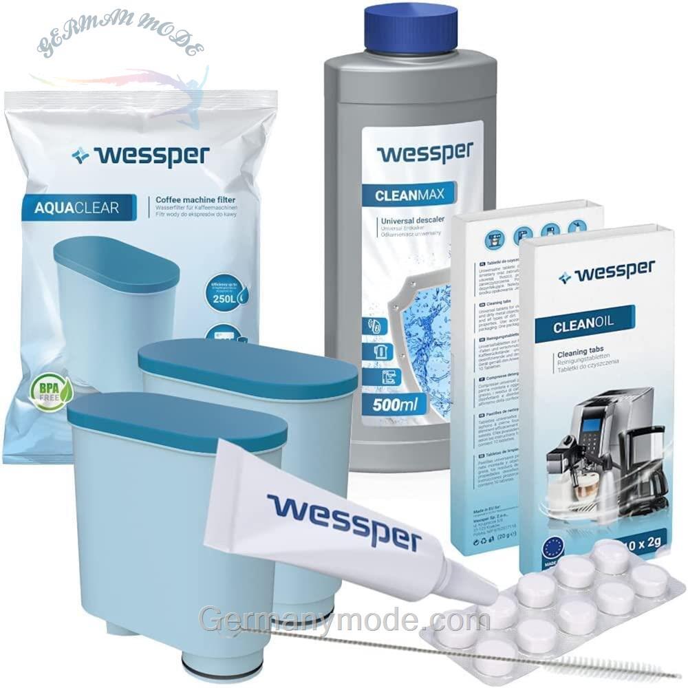 مجموعه مراقبت همه جانبه Wessper برای دستگاه های اسپرسو تمام اتوماتیک فیلیپس، Saeco (2 فیلتر AquaClean، کامل با CA6903، رسوب زدا 500 میلی لیتر، قرص تمیز کننده 10 x 2 گرم، برس تمیز کننده)