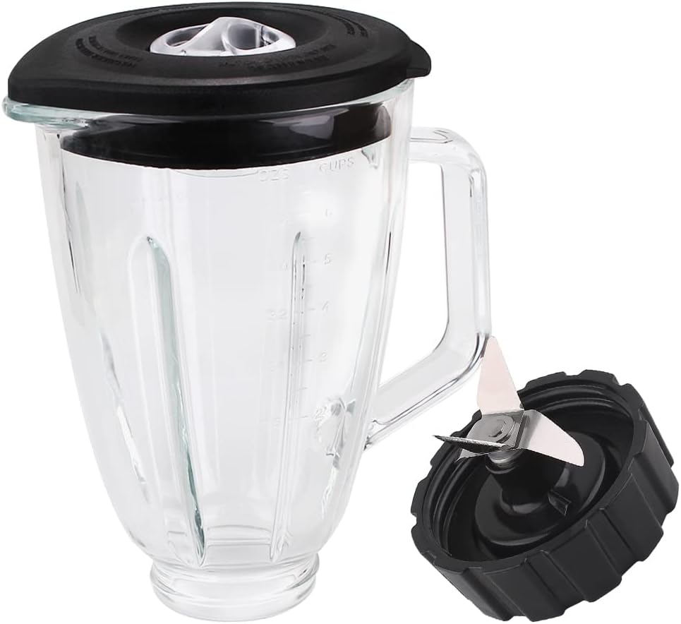 پارچ مخلوط کن همیلتون آمریکا Hamilton Beach شیشه 6 فنجانی قطعات تعویضی Anbige با تیغه و درب پیچ پایه مشکی سازگار با مخلوط کن های ساحلی همیلتون