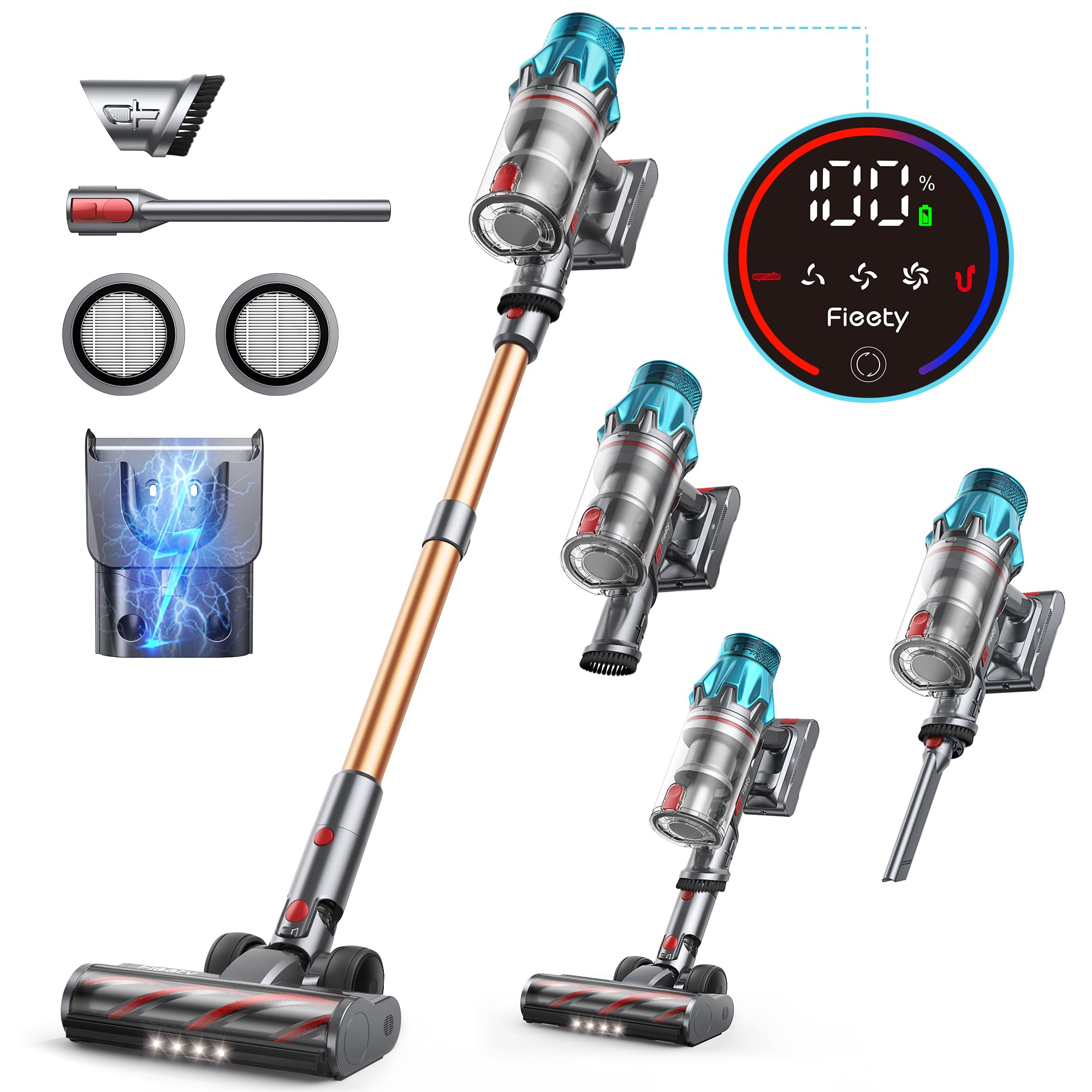 جارو شارژی 550W/45KPa، مدت زمان کارکرد 60 دقیقه، جاروبرقی بی سیم با عملکرد پایه، پایه دیواری با ایستگاه شارژ یکپارچه، صفحه نمایش لمسی، برس ضد مو برای کف های سخت، فرش و موی حیوانات