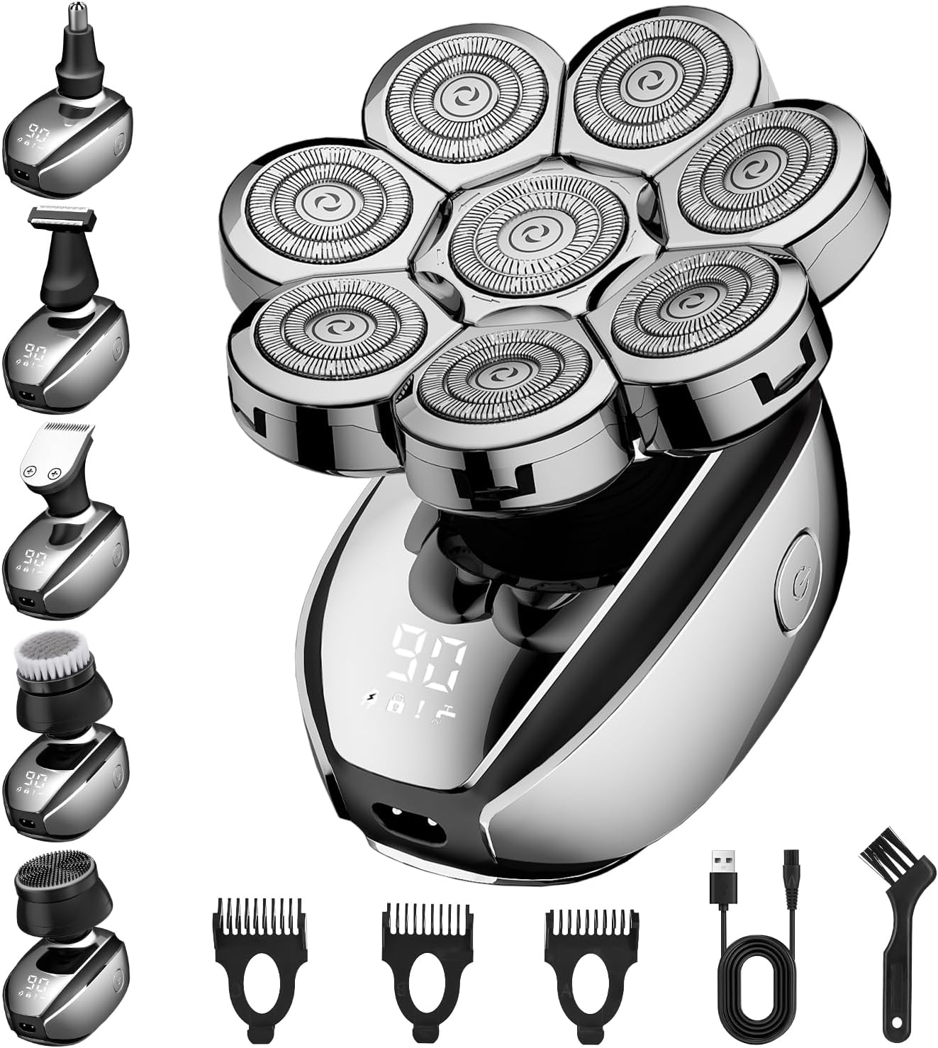 ریش تراش شارژی و ماشین اصلاح مخصوص سر کچل شارژی ریش تراش جمجمه 6 در 1، ریش تراش سر طاس با 8 سر ریش تراش چرخان، ریش تراش IPX6 ریش تراش مردانه خاکستری