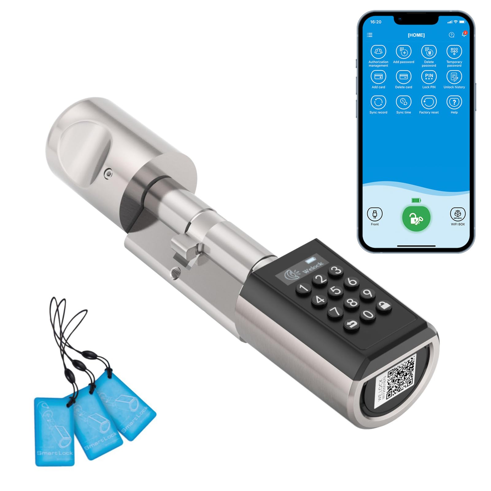 خرید از آمازون - WELOCK PCB41 سیلندر قفل الکترونیکی درب درب جلو با کد شماره کارت RFID APP اتصال Wi-Fi برای درب 50-100 میلی متری IP65 نصب آسان در خارج 40-55 میلی متر / داخل 30-50 میلی متر، نصب از بیرون