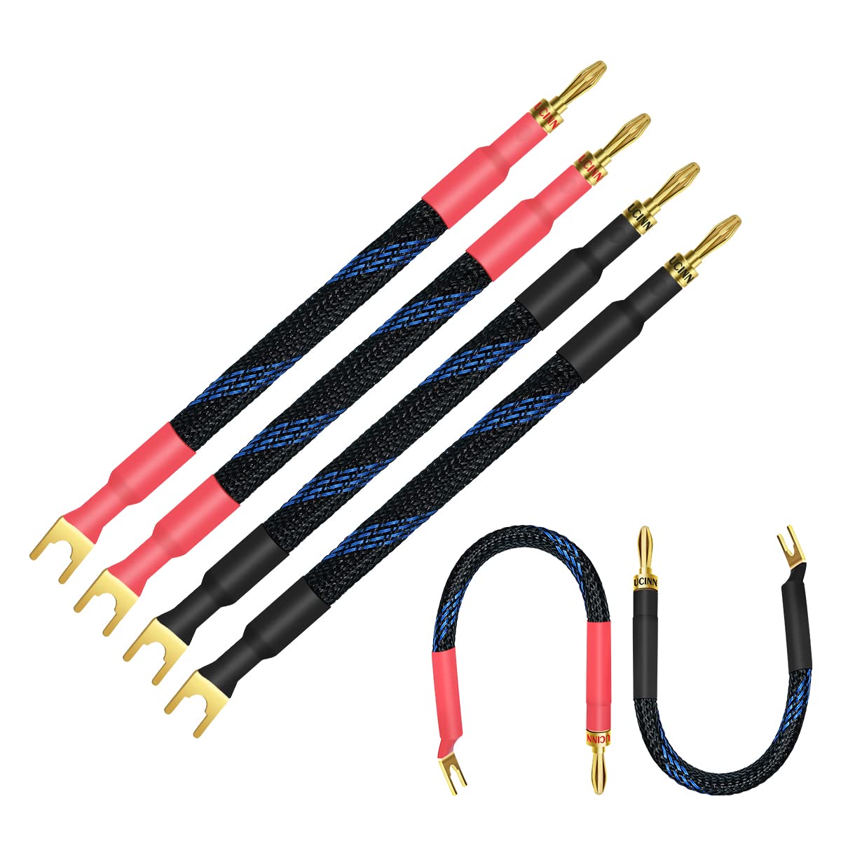 خرید از آمازون - UCINNOVATE 4 x HiFi OFC Spade to Banana Plug Speaker Wire, 13AWG 21cm Speaker Jumper Cable für Verstärker, Bi-Wire Jumper Bridge Spade to Banana Speaker Cable mit vergoldeten Bananensteckern