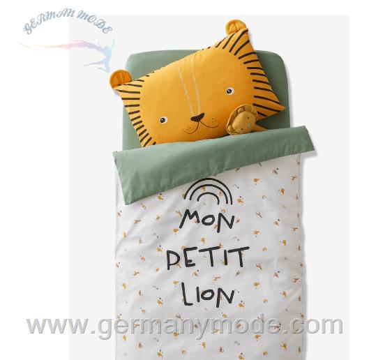 ست تشک پتو بالش کودک ورت فرانسه Vertbaudet Baby Bettbezug Kleiner Löwe, wendbar Oeko Tex - wollweiß bedruckt/grün