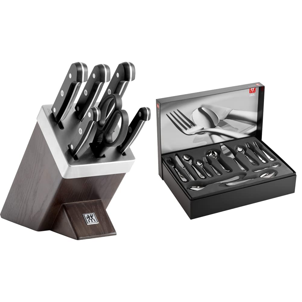 خرید از آمازون - بلوک چاقوی خود تیز شونده ZWILLING، 7 تکه، بلوک چوبی، ست غذاخوری و کارد و چنگال، 68 تکه، برای 12 نفر، استیل 18/10/استیل تیغه با کیفیت بالا، جلا، بسته قهوه ای ناتینگهام با کت و چنگال 68 قطعه.
