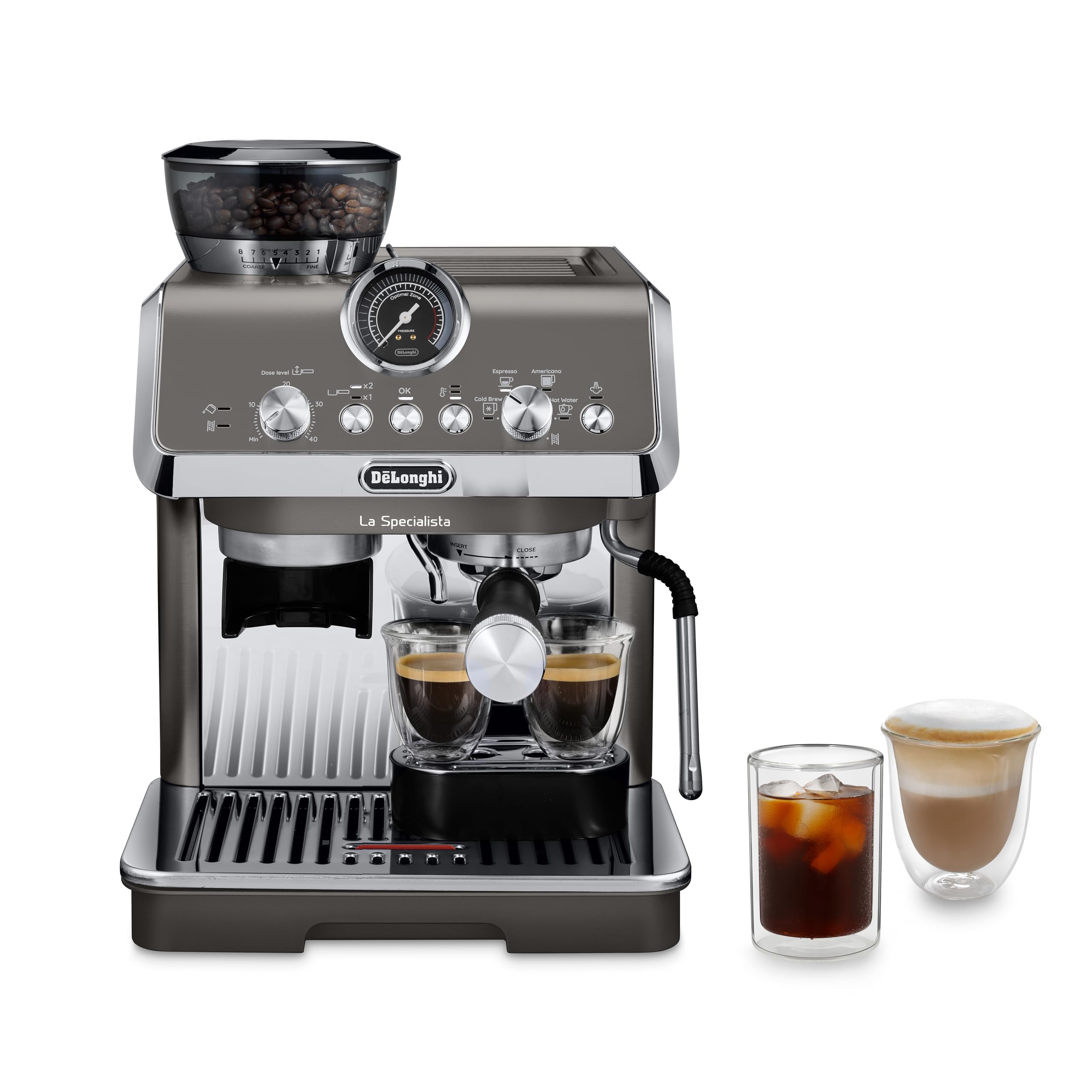 خرید از آمازون - دستگاه پورتافیلتر اسپرسو De'Longhi La Specialista Arte Evo EC9255.T، با عملکرد سرد دم، با نازل کف کردن شیر حرفه ای، فناوری آسیاب سنسور، شامل کیت باریستا، 1450 وات، تیتانیوم با عملکرد سرد تیتانیوم