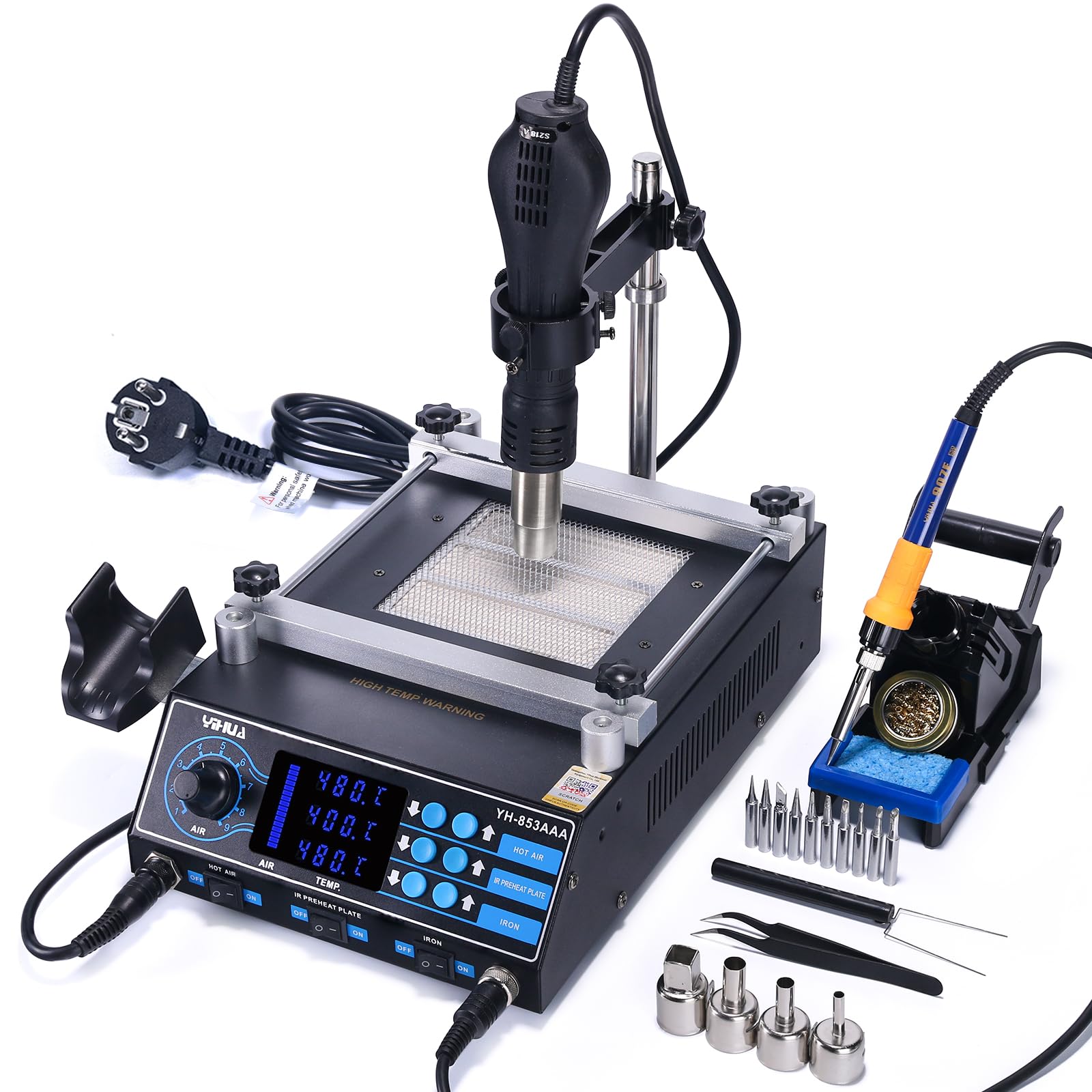 خرید از آمازون - ایستگاه لحیم کاری هوای گرم YIHUA 853AAA SMD دستگاه آهن لحیم کاری ایستگاه لحیم کاری مجدد ایستگاه لحیم کاری صفحه پیش گرم 3-IN-1 با لوازم جانبی (EU PLUG)