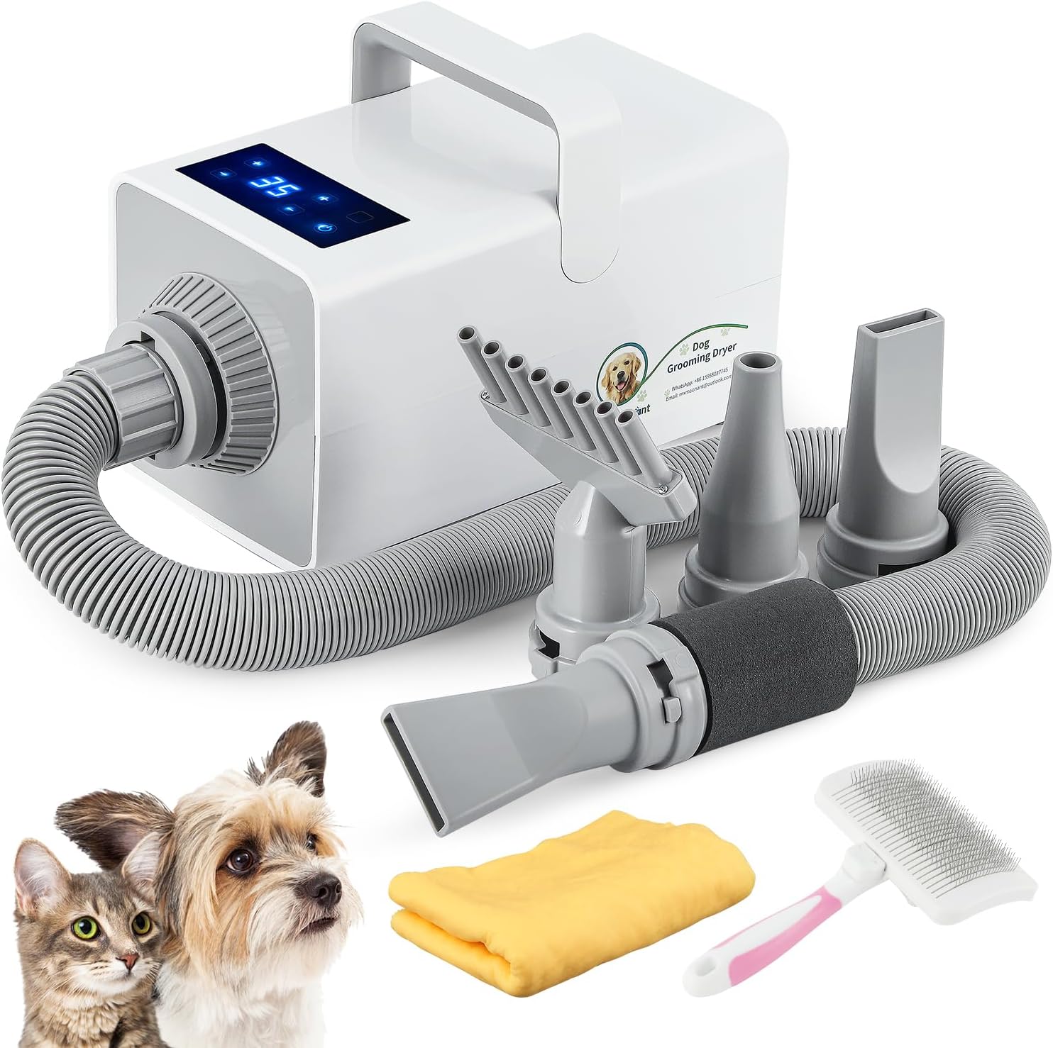 سشوار حرفه ای مخصوص حیوانات خانگی Mxmoonant Dog Hair Dryer 2800W Dog Grooming Hair Dryer با قابلیت تنظیم مداوم باد و دما LED مراقبت از مو یون منفی کنترل دما با 4 نوع نازل و یک برس متوسط بزرگ