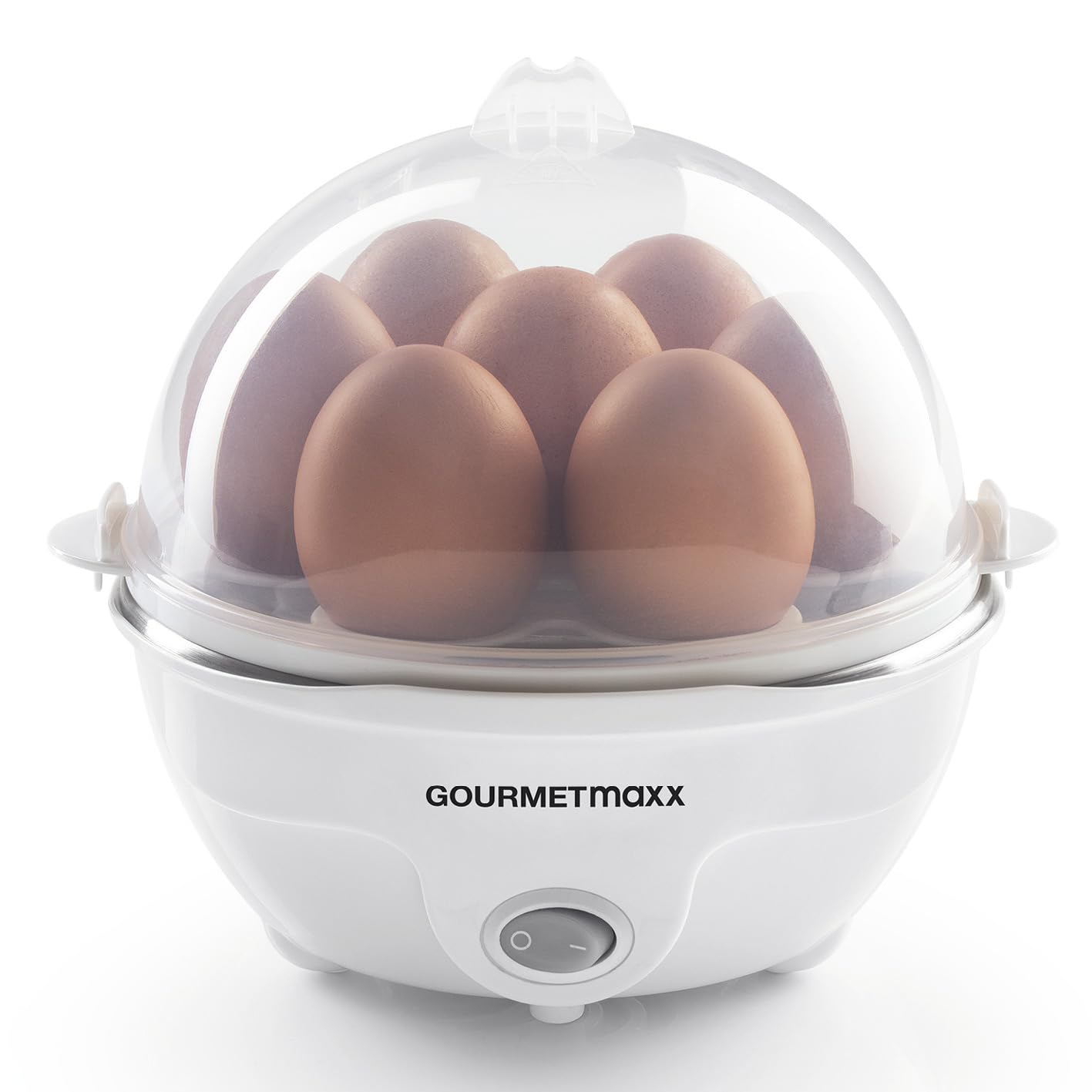 تخم مرغ‌ پز گورمت‌ مکس آلمان GOURMETmaxx برای حداکثر 7 تخم‌مرغ | تخم‌مرغ‌پز برقی و کم‌مصرف برای سطوح سختی جداگانه | شامل پیمانه اندازه‌گیری با انتخابگر تخم‌مرغ برای نتایج عالی | دارای دریچه بخار [350 وات] 7 عدد سفیده تخم‌مرغ