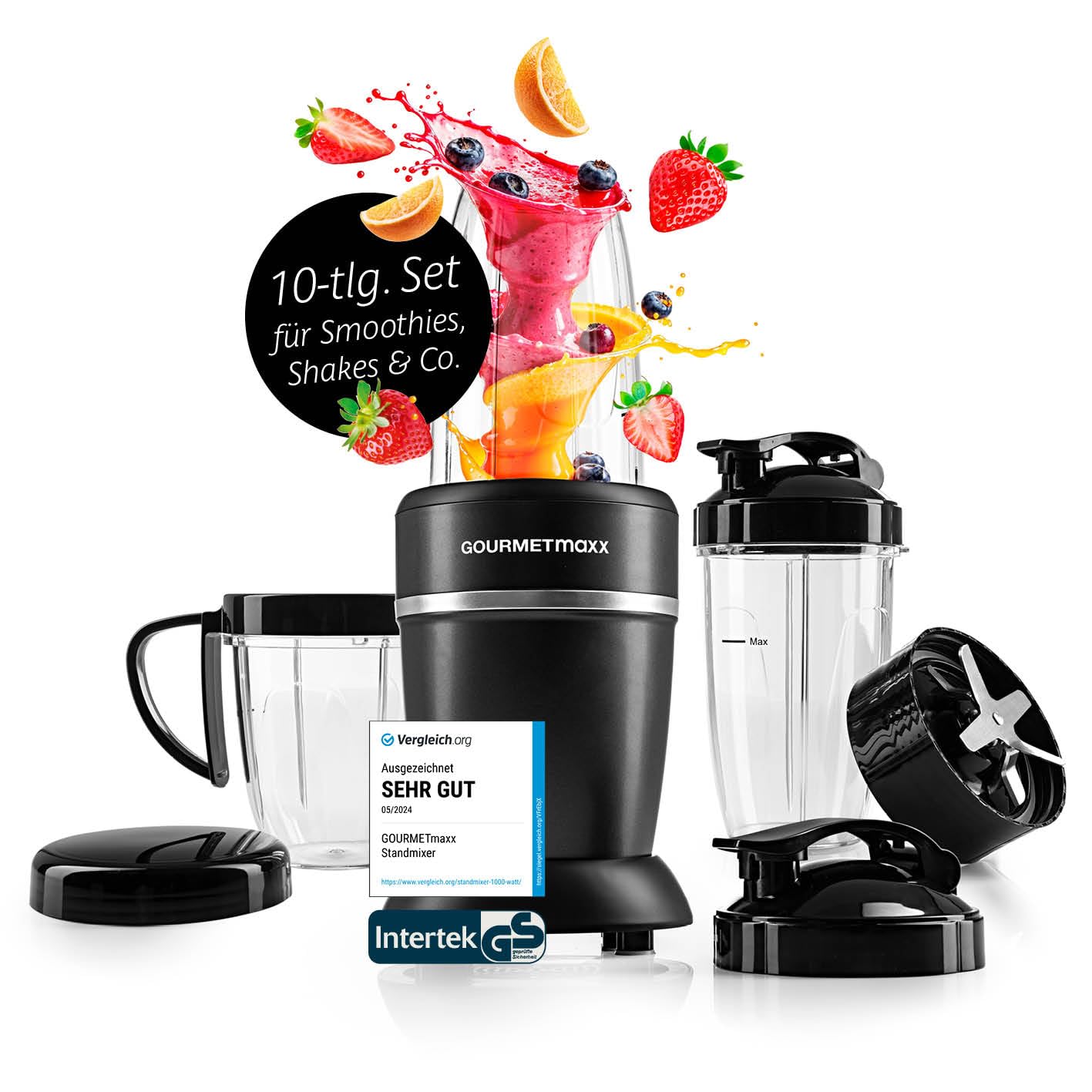 اسموتی ساز گورمت‌ مکس آلمان GOURMETmaxx 1000 وات | اسموتی‌ساز با درب بیرون‌بر | همزن ایستاده با پیمانه مخلوط‌کن و درب هوابند - ایده‌آل برای نگهداری | همزن ایستاده با سری لوازم جانبی L برای شیک‌ها، اسموتی‌ها و غیره. همزن تغذیه‌ای با قدرت + PRO | 1000 وات | سری L مشکی | استیل ضد زنگ