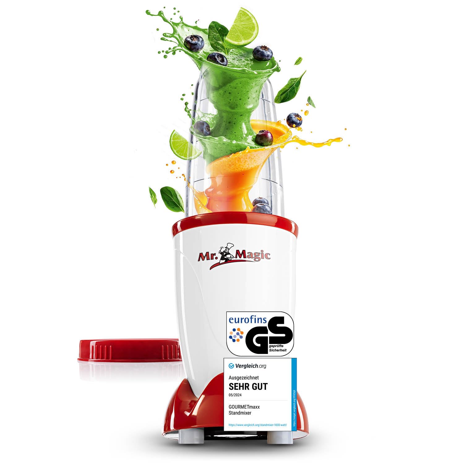 اسموتی ساز گورمت‌ مکس آلمان GOURMETmaxx آقای مجیک | اسموتی ساز - 4 تکه | همزن ایستاده با پیمانه و درب ضد هوا | مخلوط کن با 8 عملکرد | غذاساز برای شیک، اسموتی، شات و غیره. آقای مجیک | 250 وات | مجموعه M سفید | قرمز