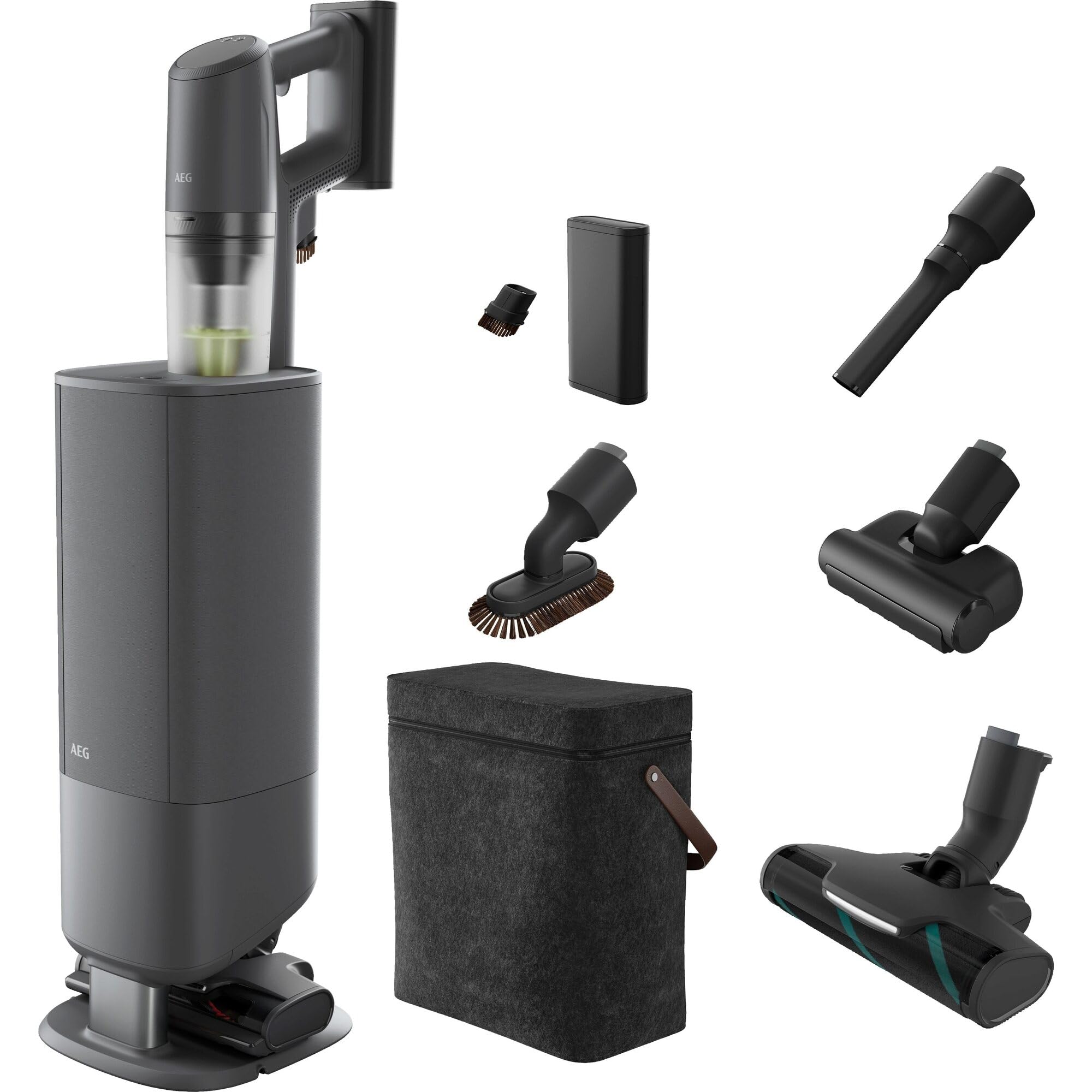 جاروبرقی بی‌سیم AEG Ultimate 8000 با پایه مکش و باتری یدکی، زمان کارکرد طولانی خودکار، فیلتراسیون ۵ سطحی، برای سطوح سخت، فرش، موی حیوانات خانگی، باتری ۲۵ ولت، ۴۰۰ میلی‌لیتر، خاکستری تیره، سری AP83A25XNX خاکستری ۸۰۰۰ با پایه مکش