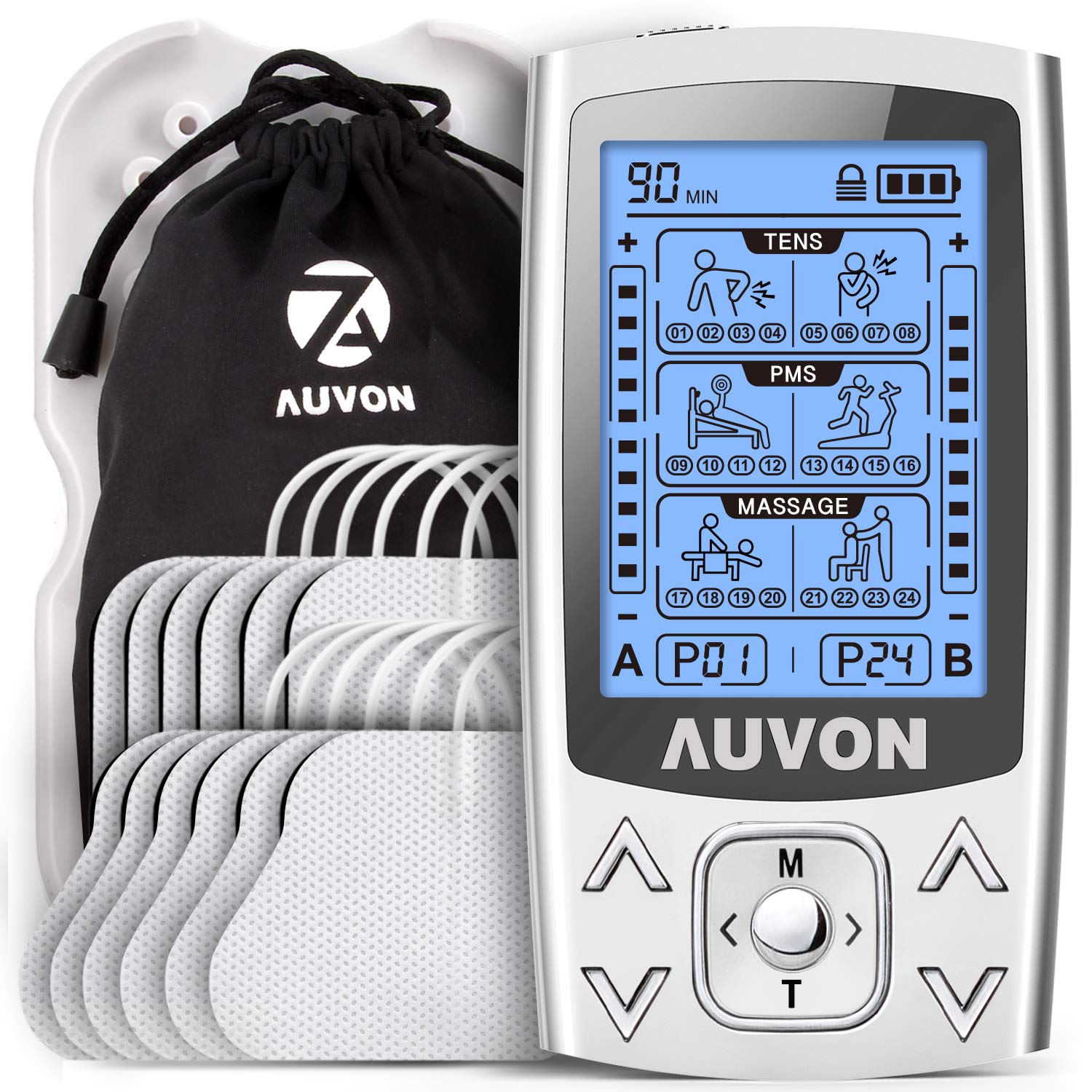 خرید از آمازون - دستگاه AUVON TENS EMS 2 کانال و 24 حالت جریان تحریک 3 در 1 با 12 قطعه پد الکترود TENS 2"x2" با طرح ثبت اختراع برای تسکین درد و عضله سازی در پشت، شانه ها و ... نقره ای A