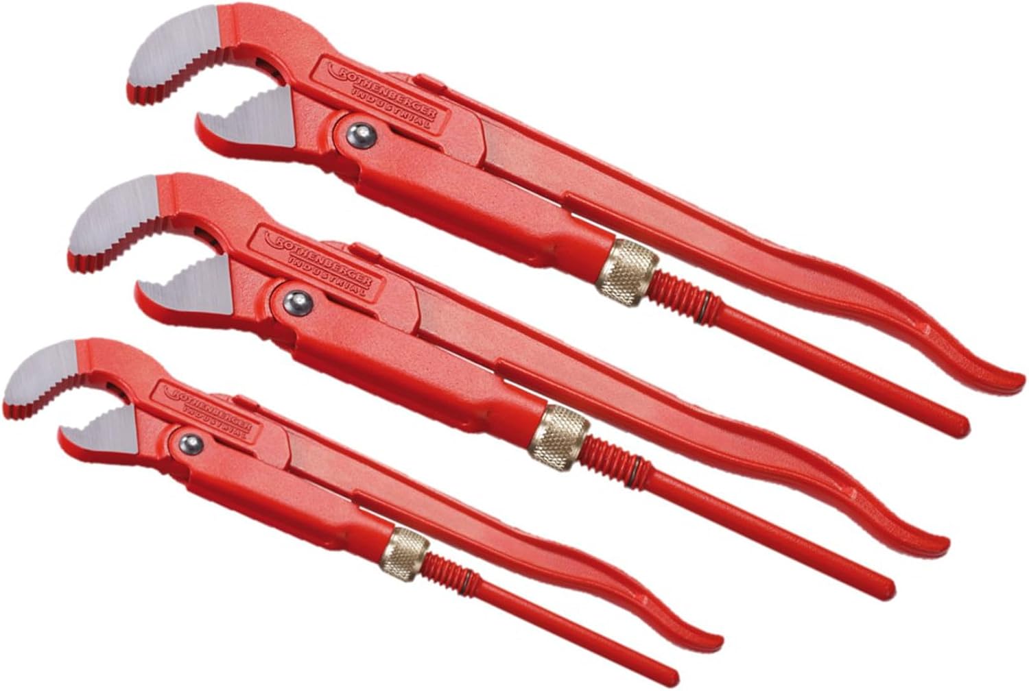 ست 3 تکه آچار دو دسته روتنبرگر آلمان Rothenberger Industrial برای لوله‌های زاویه‌دار 45 درجه | قطرهای 1 اینچ، 1.5 اینچ، و 2 اینچ | فولاد کروم-وانادیوم | فک S شکل