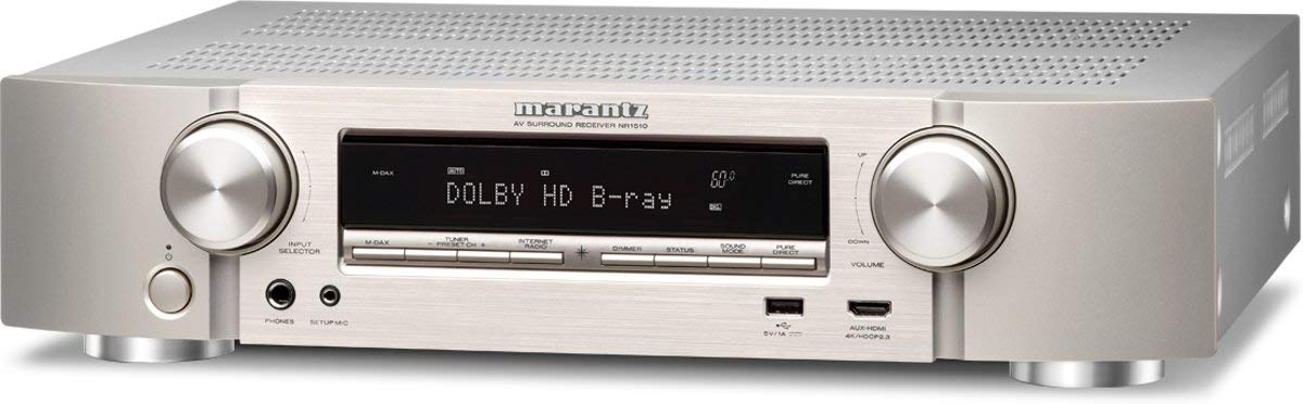 گیرنده صوتی و تصویری ۵.۲ کاناله Marantz 90766128 NR1510، تقویت‌کننده HiFi، پخش چندرسانه‌ای HEOS، پخش موسیقی، AirPlay 2، بلوتوث، Wi-Fi، WLAN، ۶ ورودی HDMI، سازگار با الکسا، نقره‌ای-طلایی نقره‌ای-طلایی