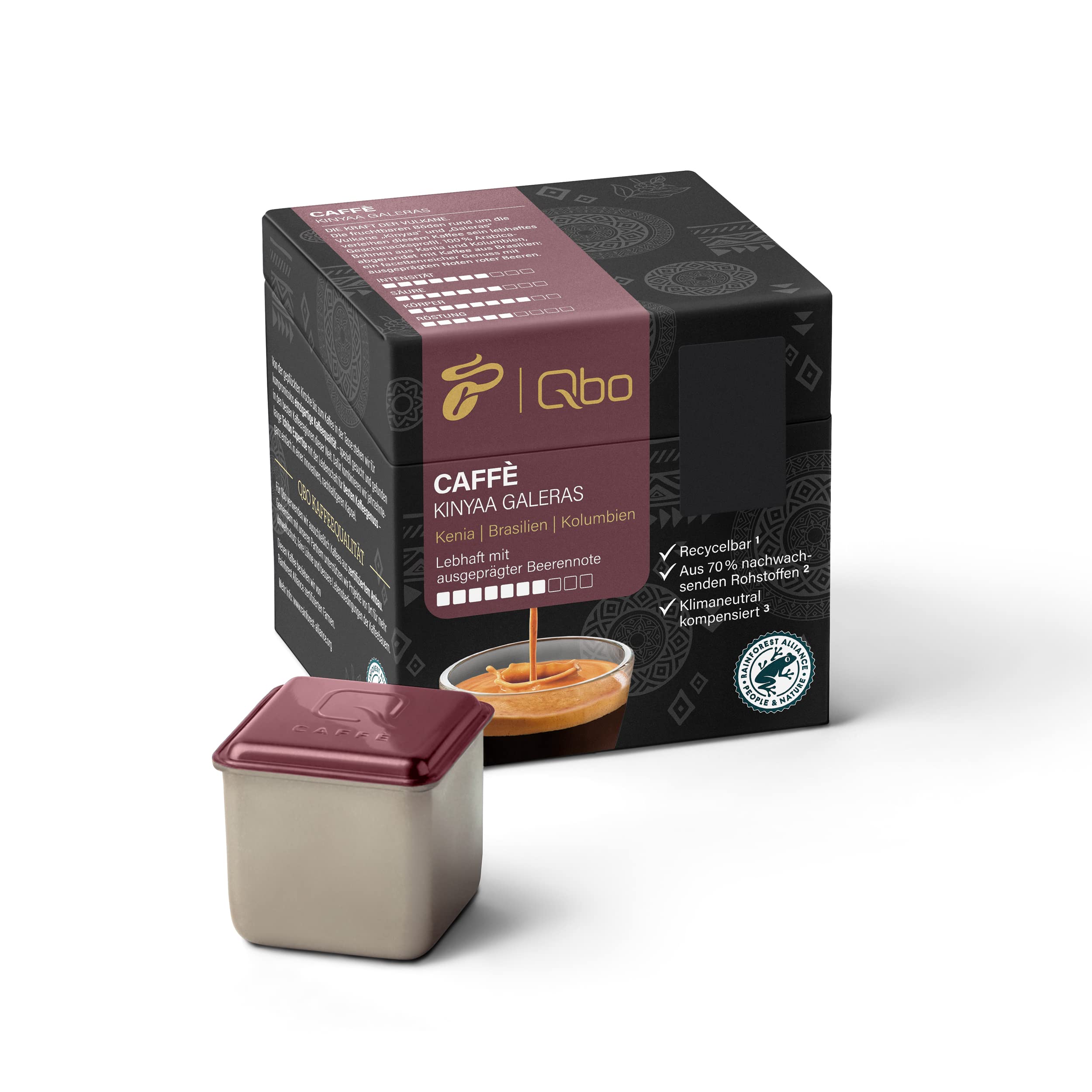 خرید از آمازون - کپسول قهوه پریمیوم Tchibo Qbo Caffè Kinyaa Galeras، 8 عدد (کافه، شدت 7/10، پر جنب و جوش و توت)، پایدار، ساخته شده از 70٪ مواد خام تجدیدپذیر و جبران خنثی از نظر آب و هوا Lively با نت برجسته توت 60 گرم (بسته 1 عددی) )