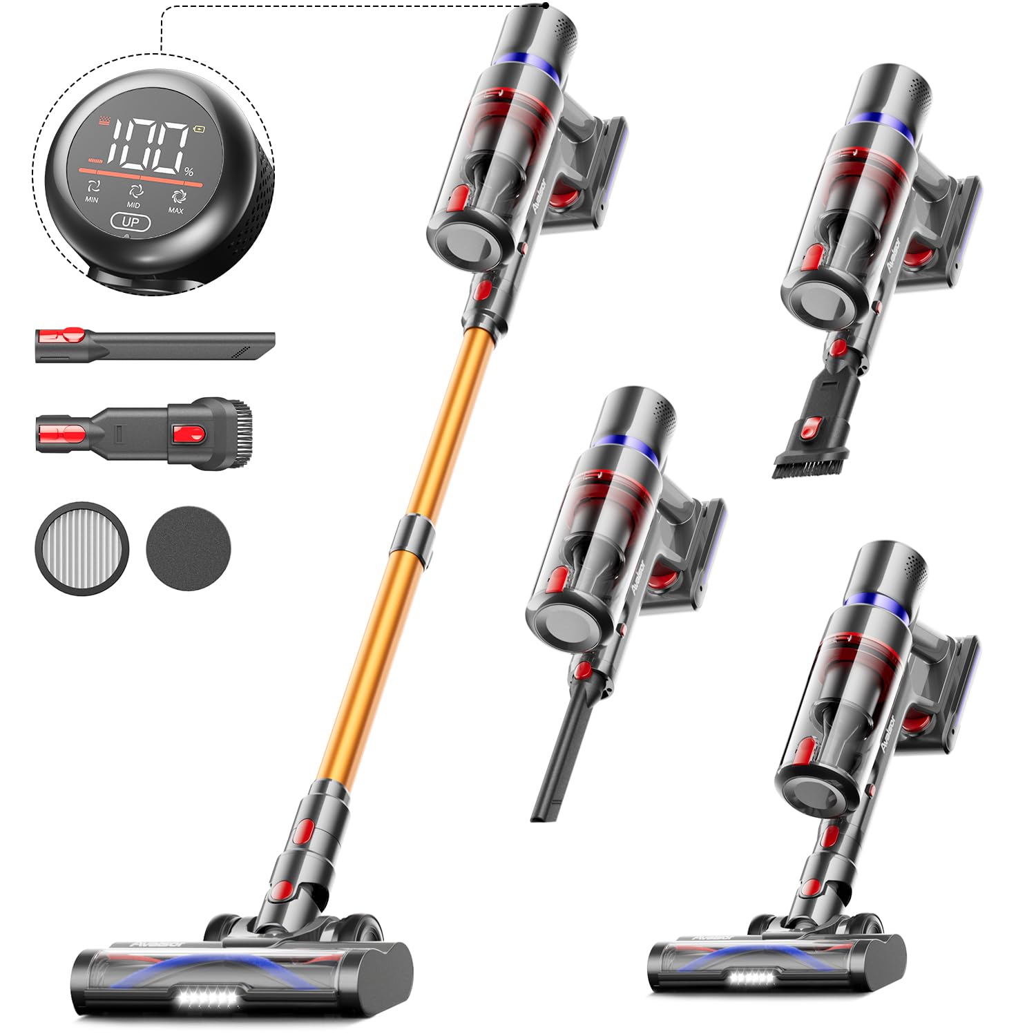 جارو شارژی Avalsor 45000Pa/550W/65Min، جارو شارژی 1.5 لیتری با صفحه نمایش لمسی LED و با برس ضد گره خوردگی، جارو شارژی بی سیم با 8 لایه فیلتر برای کف های سخت/فرش/موی حیوان خانگی طلایی