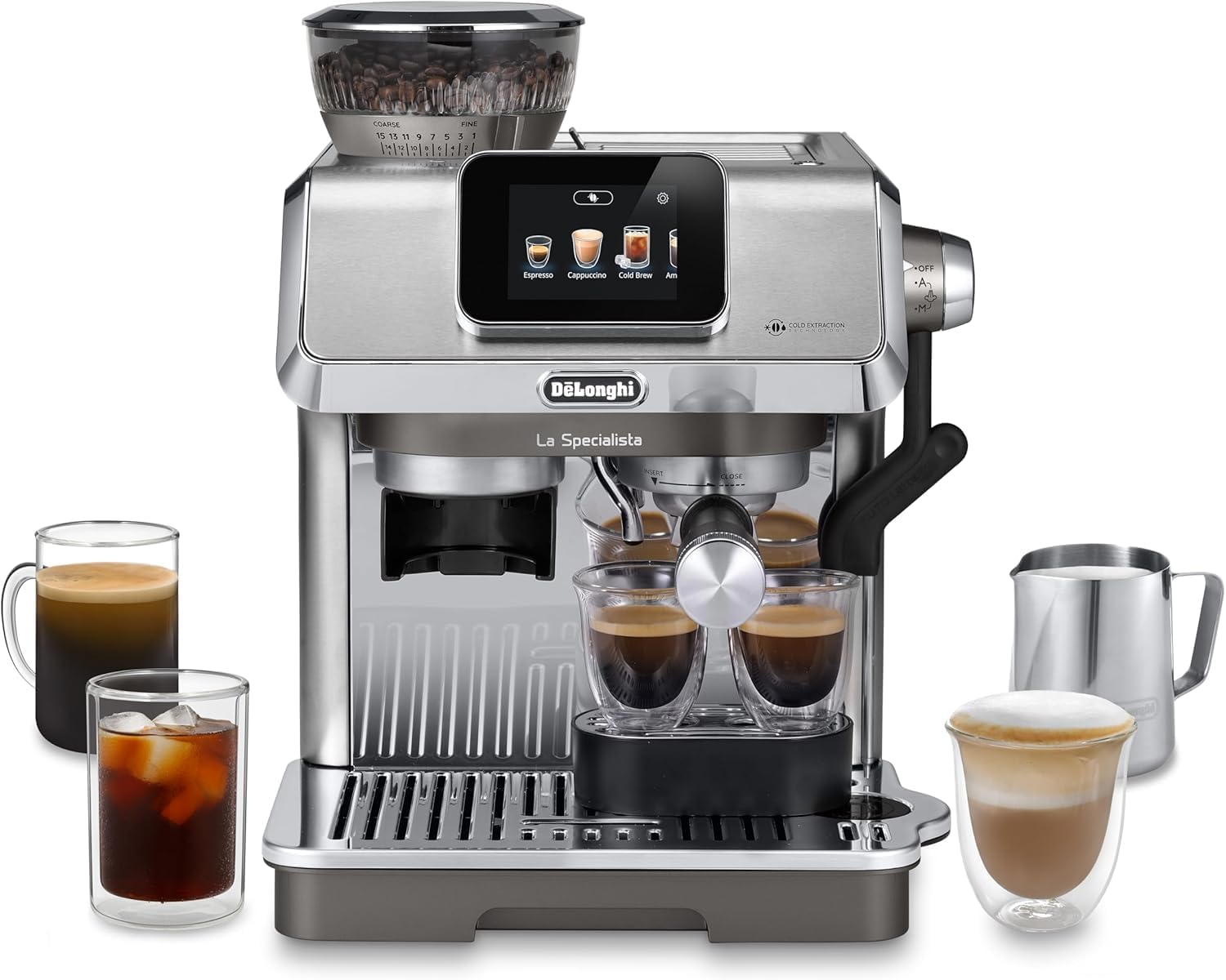 اسپرسو ساز پرتافیلتر دلونگی ایتالیا DeLonghi La Specialista Touch EC9455.M، دستگاه اسپرسوساز با آسیاب یکپارچه، راهنمای باریستا، 15 بار، عملکرد سرد دم، کف کردن اتوماتیک شیر، صفحه نمایش لمسی