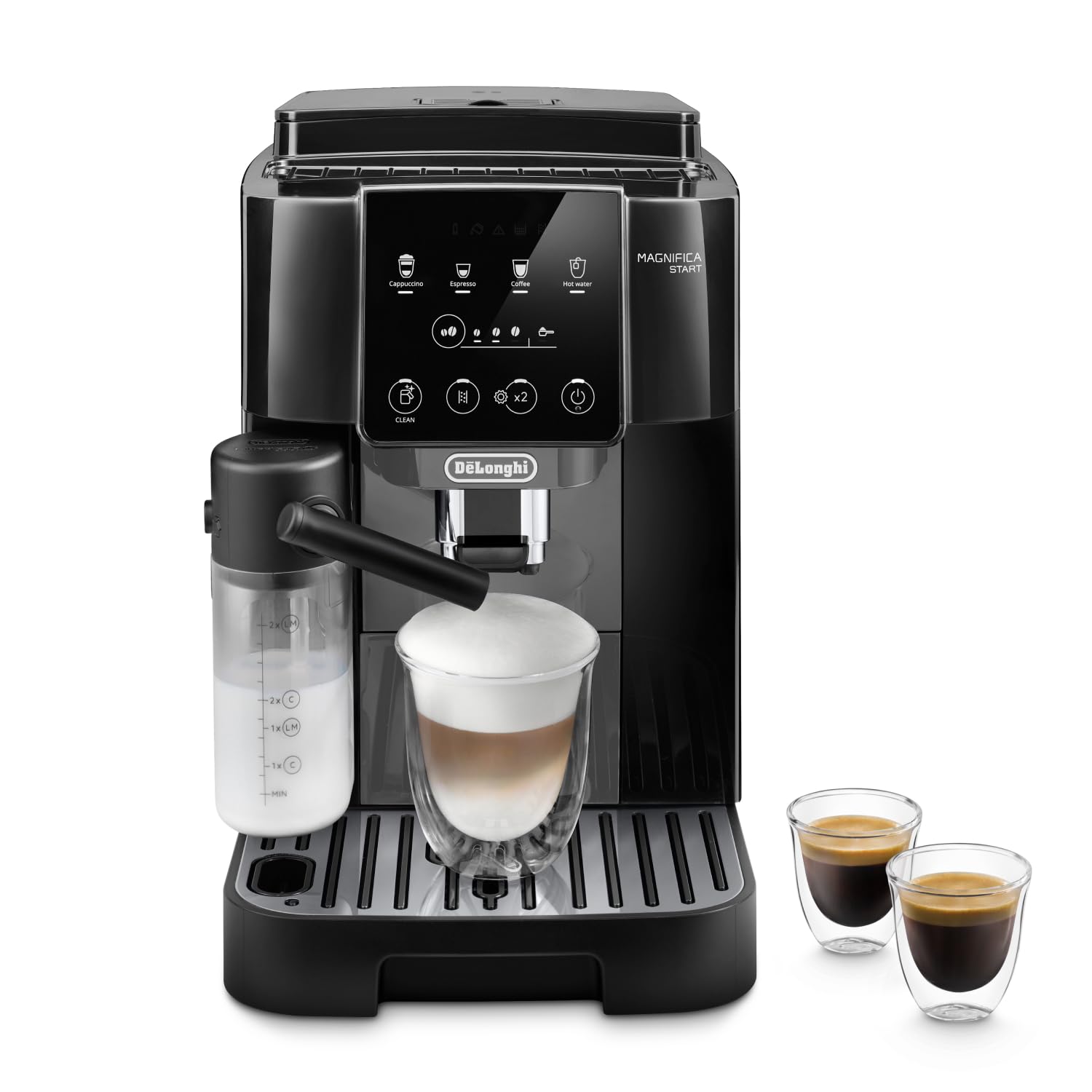 خرید از آمازون - De'Longhi Magnifica Start ECAM222.60.BG، قهوه ساز تمام اتوماتیک با سیستم شیر LatteCrema برای کاپوچینو اتوماتیک، 4 دکمه انتخاب مستقیم، صفحه کنترل لمسی نرم، عملکرد "x2"، 1450 وات، مشکی/خاکستری با صفحه نمایش لمسی و سیستم شیر LatteCrema تنها