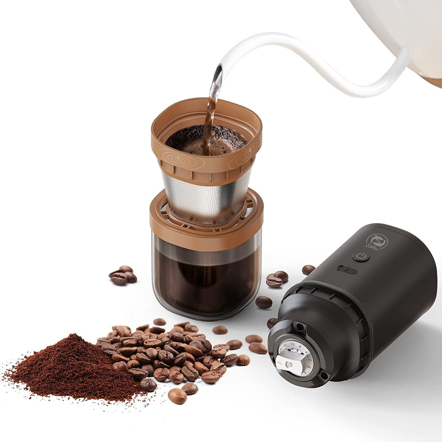 خرید از آمازون - آسیاب قهوه برقی قابل حمل RECAFIMIL با فرز مخروطی از جنس استنلس استیل 3 در 1 آسیاب قهوه / دم کرده قهوه / فنجان قهوه برای دم کردن دانه های قهوه تازه، شارژ نوع C