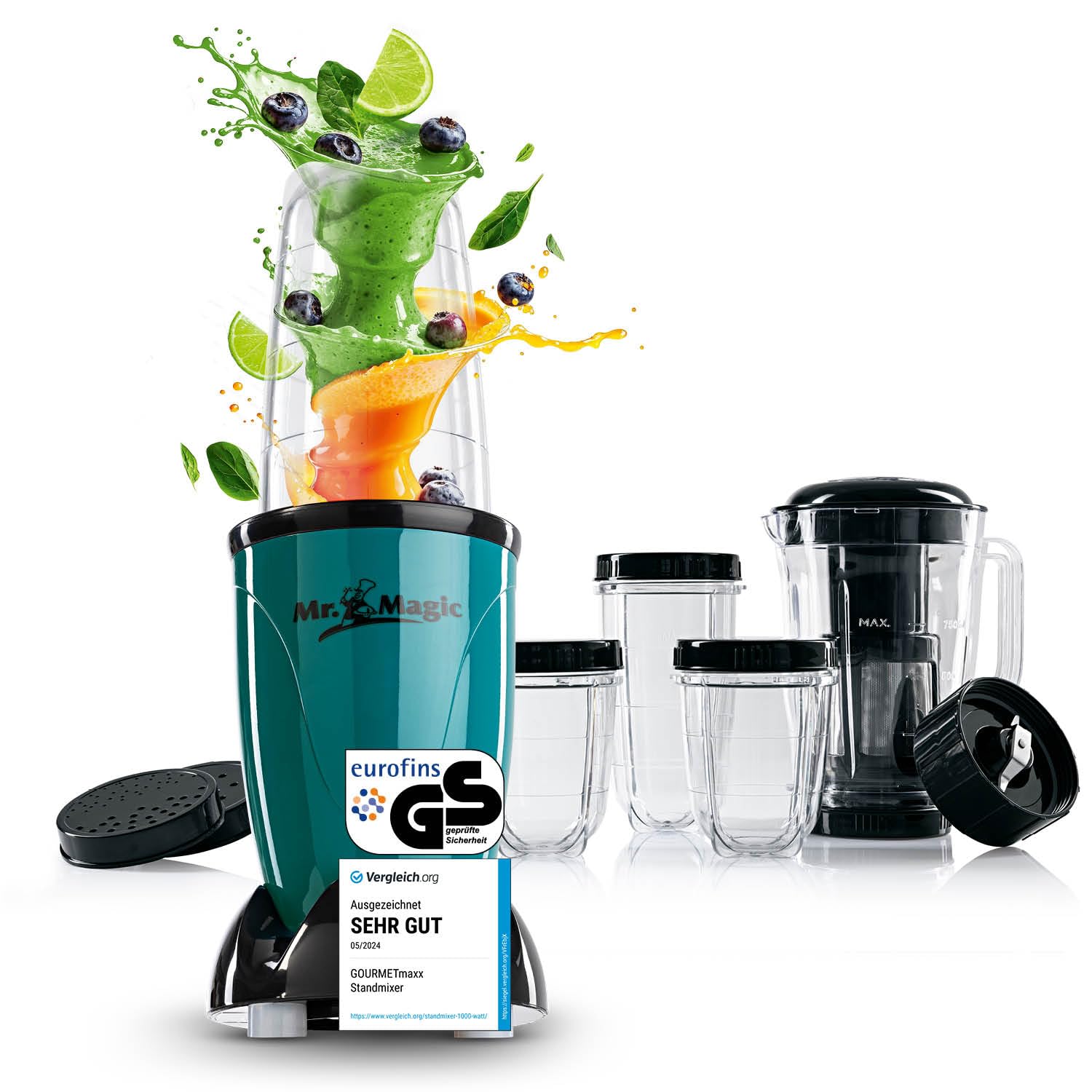 اسموتی ساز گورمت‌ مکس آلمان GOURMETmaxx آقای مجیک | اسموتی ساز با بسته لوازم جانبی XXL | همزن پایه دار ۱۸ تکه | مخلوط کن با درب ضد نشت | غذاساز برای شیک، اسموتی و غیره. آقای مجیک | ۴۰۰ وات | مجموعه XL سبز | مشکی