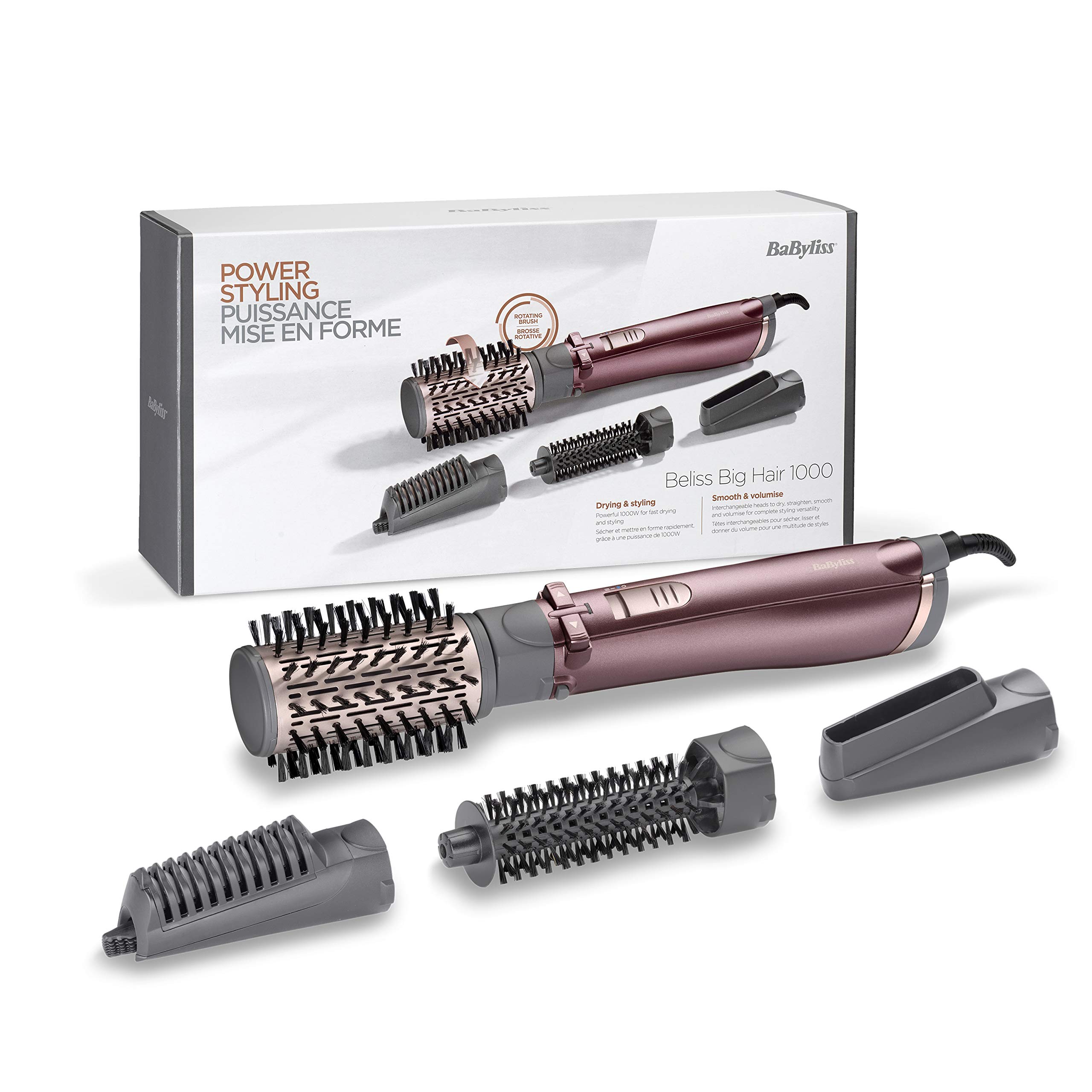 برس گرد حرارتی بابیلیس فرانسه - حالت دهنده هوای گرم 4 در 1 BaByliss Beliss Big Hair 1000 وات با کیسه ذخیره سازی، خاکستری، AS960E، 39.2