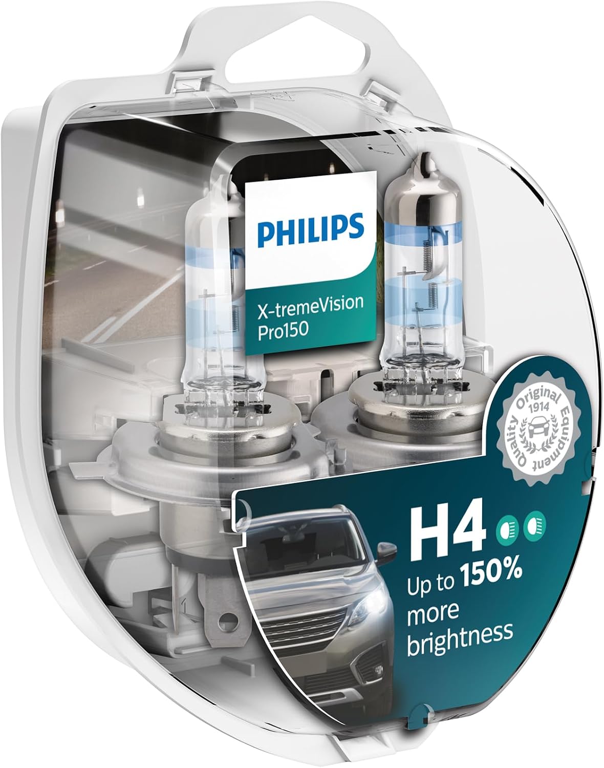 لامپ چراغ جلو خودرو فیلیپس هلند Philips X-tremeVision Pro150 H4 +150%، مجموعه 2 عددی، سفید، جعبه‌ای، دوقلو، H4 تکی