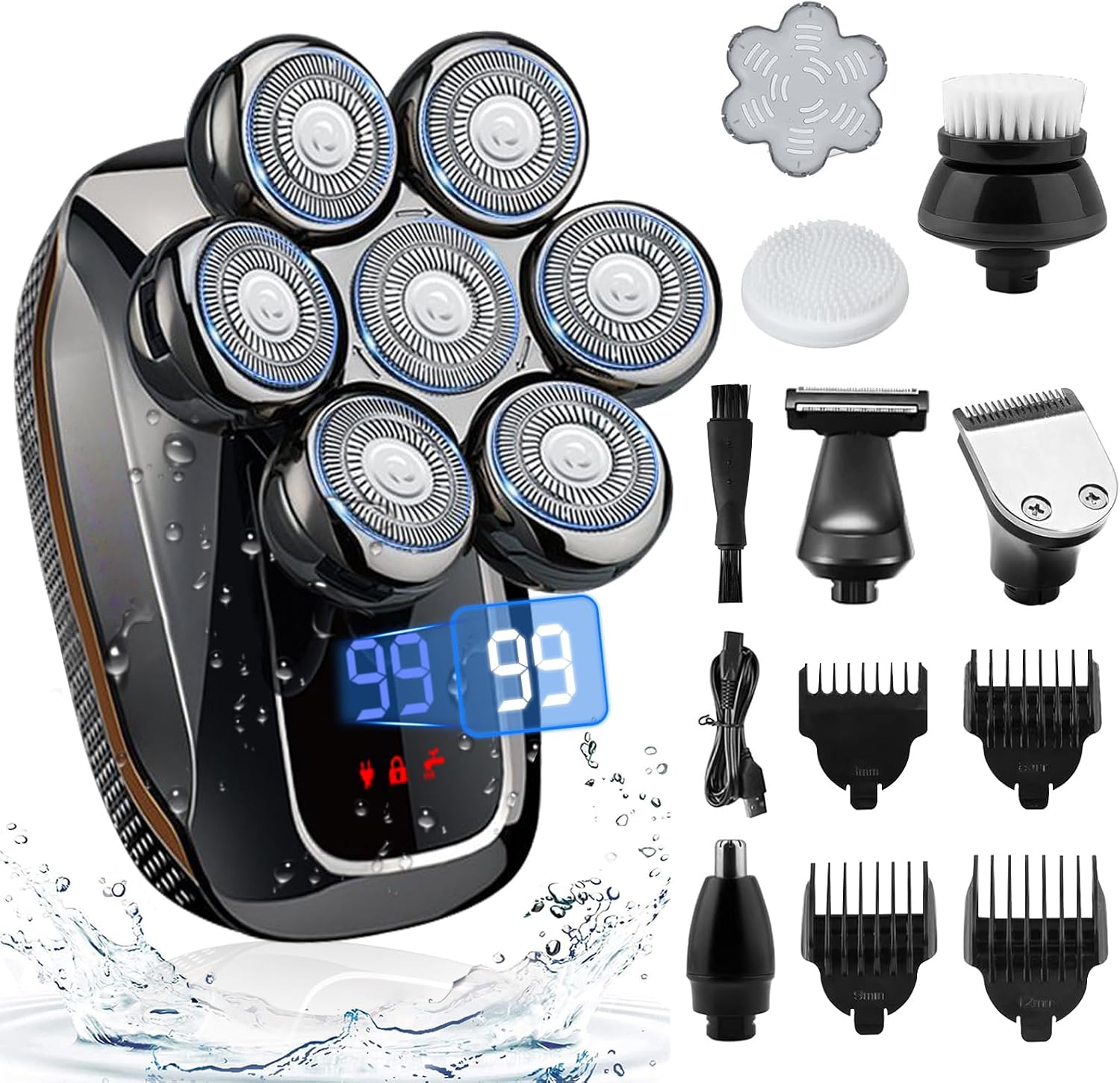 ریش تراش شارژی و ماشین اصلاح مخصوص سر کچل ریش تراش برقی مردانه 7 در 1 با 7 سر اصلاح چرخان، اصلاح سر ضد آب IPX7، ریش تراش برقی کیت مراقبت از موی ریش ریش مردانه، نقره ای مشکی