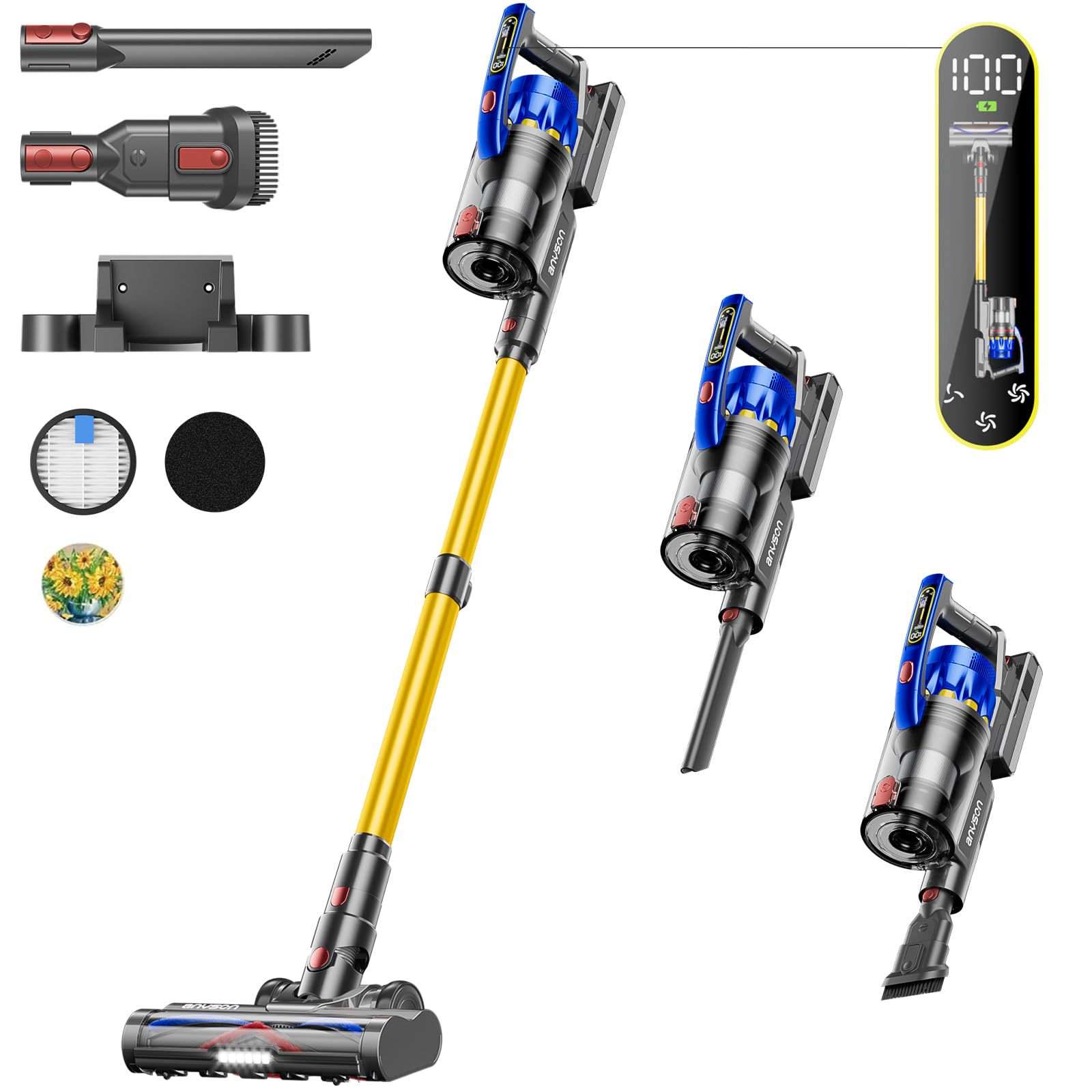 جارو شارژی Anyson، جاروبرقی بی سیم 45KPA/550W، زمان کارکرد 60 دقیقه، طراحی دو دسته، جاروبرقی 1.5 لیتری صفحه نمایش OLED برای کف های سخت / فرش