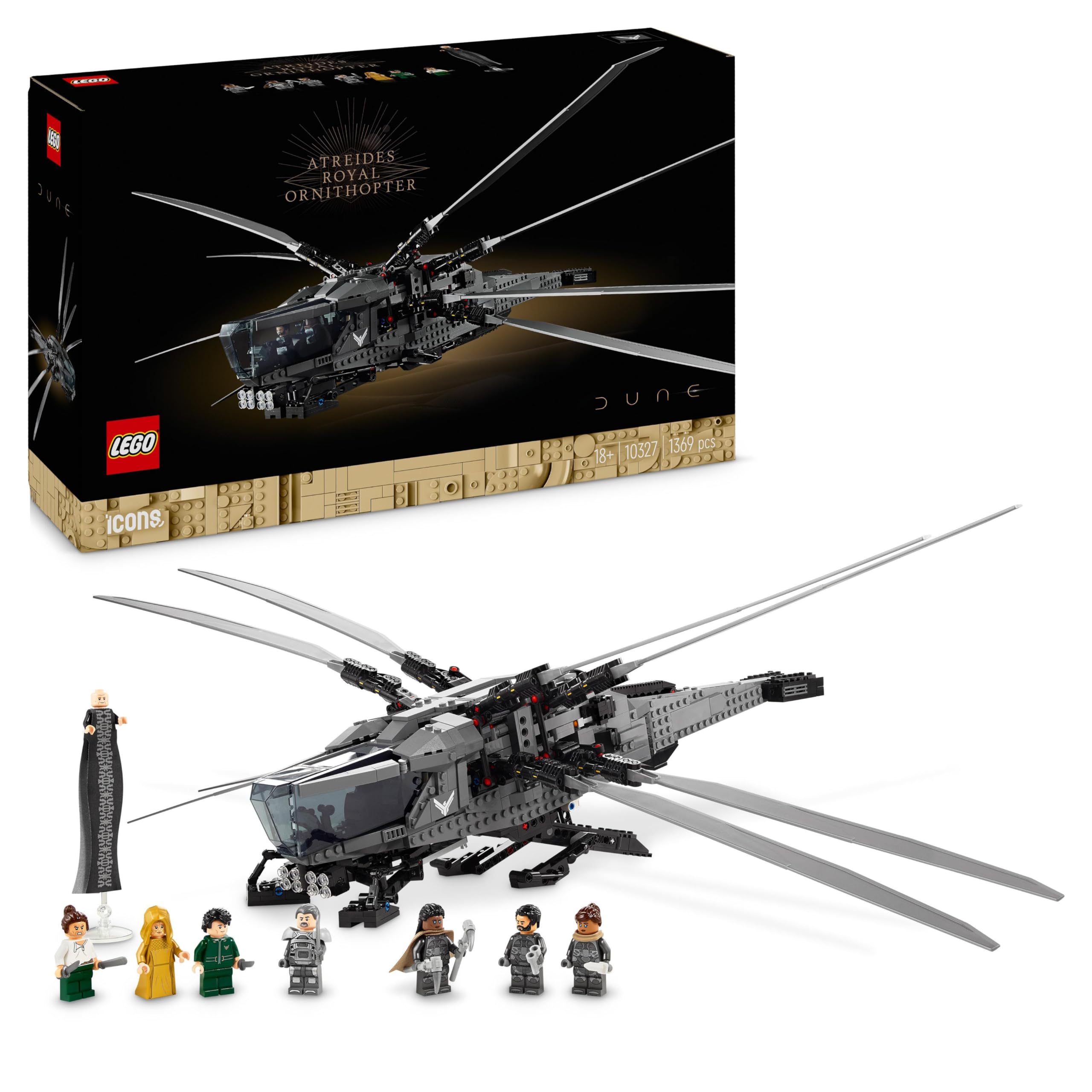 خرید از آمازون - مجموعه کلکسیونی LEGO Icons Dune Atreides Royal Ornithopter برای بزرگسالان هدیه فیلم برای مردان زنان و طرفداران هواپیما مدل هواپیما با 8 فیگور شامل Paul Atreides و Baron Harkonnen 10327 Single