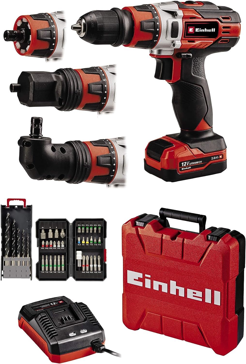 خرید از آمازون - دریل/درایور شارژی Einhell TE-CD 12/1 3X-Li 39 (30 نیوتن متر، 2 دنده، چاک مته 10 میلی متری قابل جابجایی، شامل مجموعه بیت 34 تکه، 5 مته چوب، شارژر + 1x باتری 2.0 Ah)